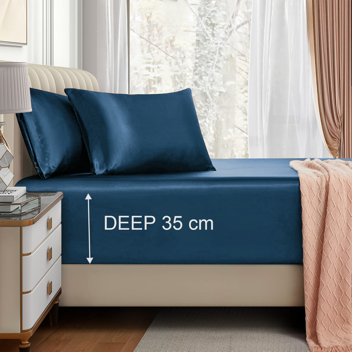 Satin Fitted Sheet Set Hotel 3 Pieces Fitted Sheet with Pillowcase, Art Silk Bedding Set-Luxury Soft Silky Sheets for Hair and Skin, Similar to Silk Fitted Sheets Set 3 Pieces(Double,Navy)