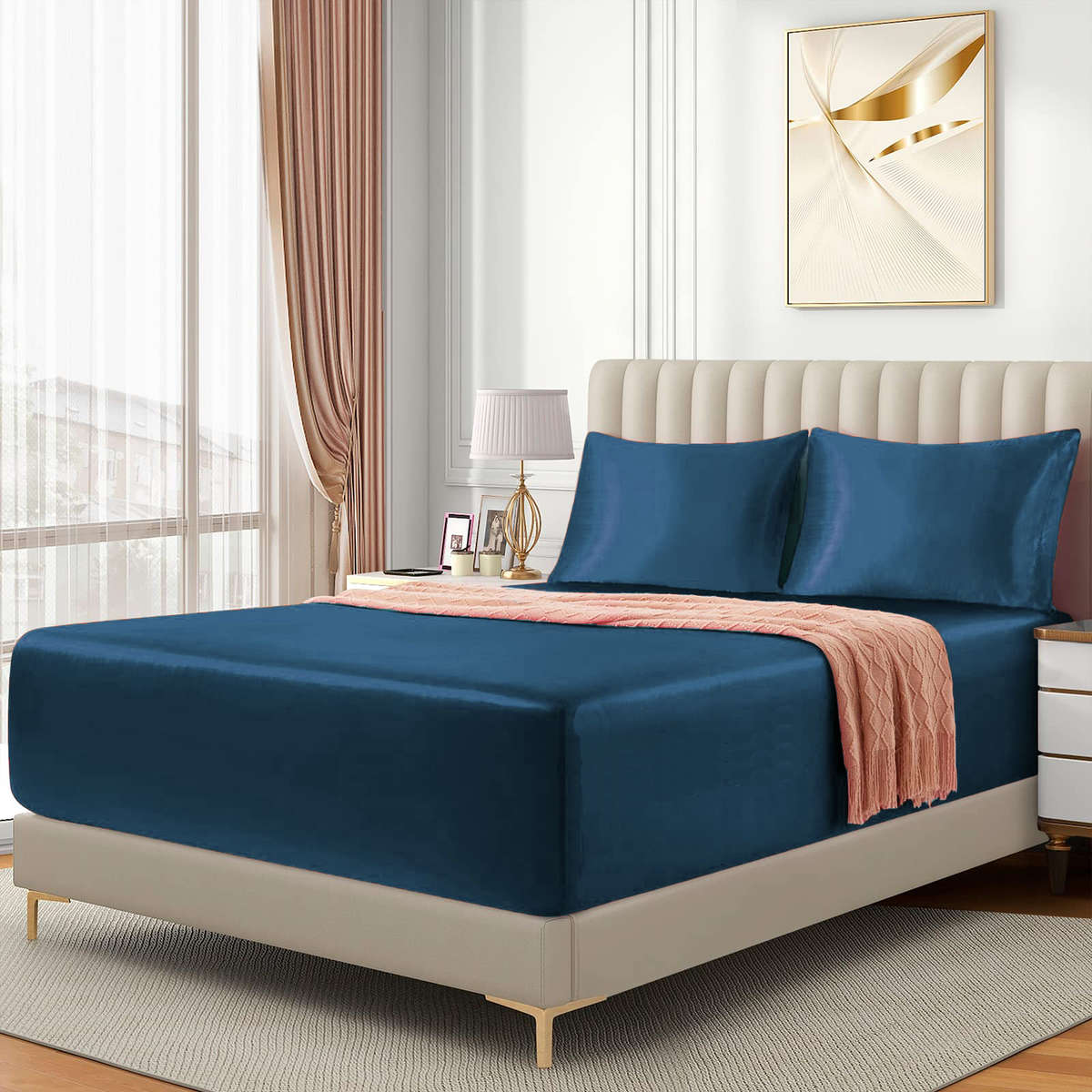 Satin Fitted Sheet Set Hotel 3 Pieces Fitted Sheet with Pillowcase, Art Silk Bedding Set-Luxury Soft Silky Sheets for Hair and Skin, Similar to Silk Fitted Sheets Set 3 Pieces(Double,Navy)