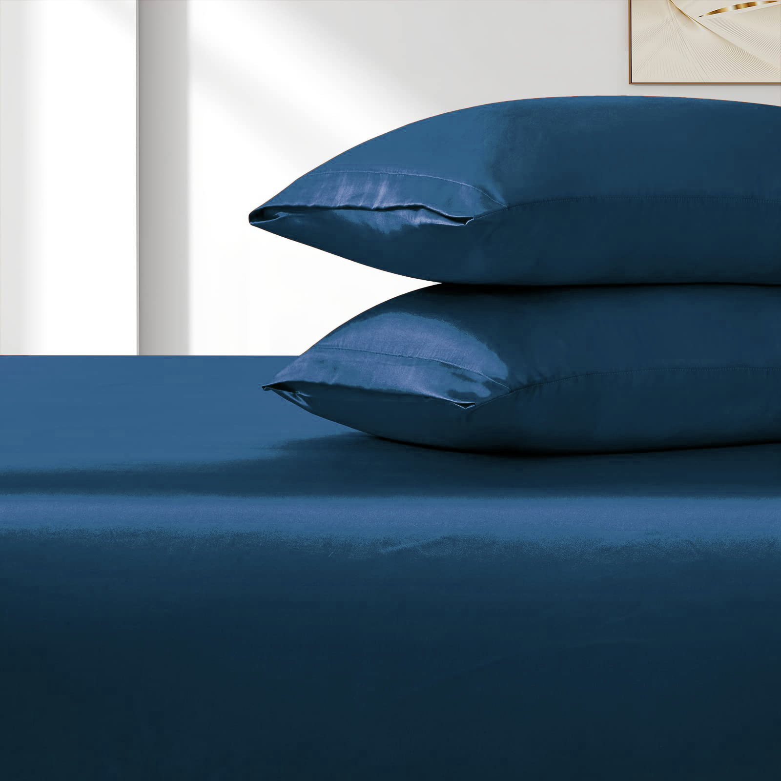 Satin Fitted Sheet Set Hotel 3 Pieces Fitted Sheet with Pillowcase, Art Silk Bedding Set-Luxury Soft Silky Sheets for Hair and Skin, Similar to Silk Fitted Sheets Set 3 Pieces(Double,Navy)