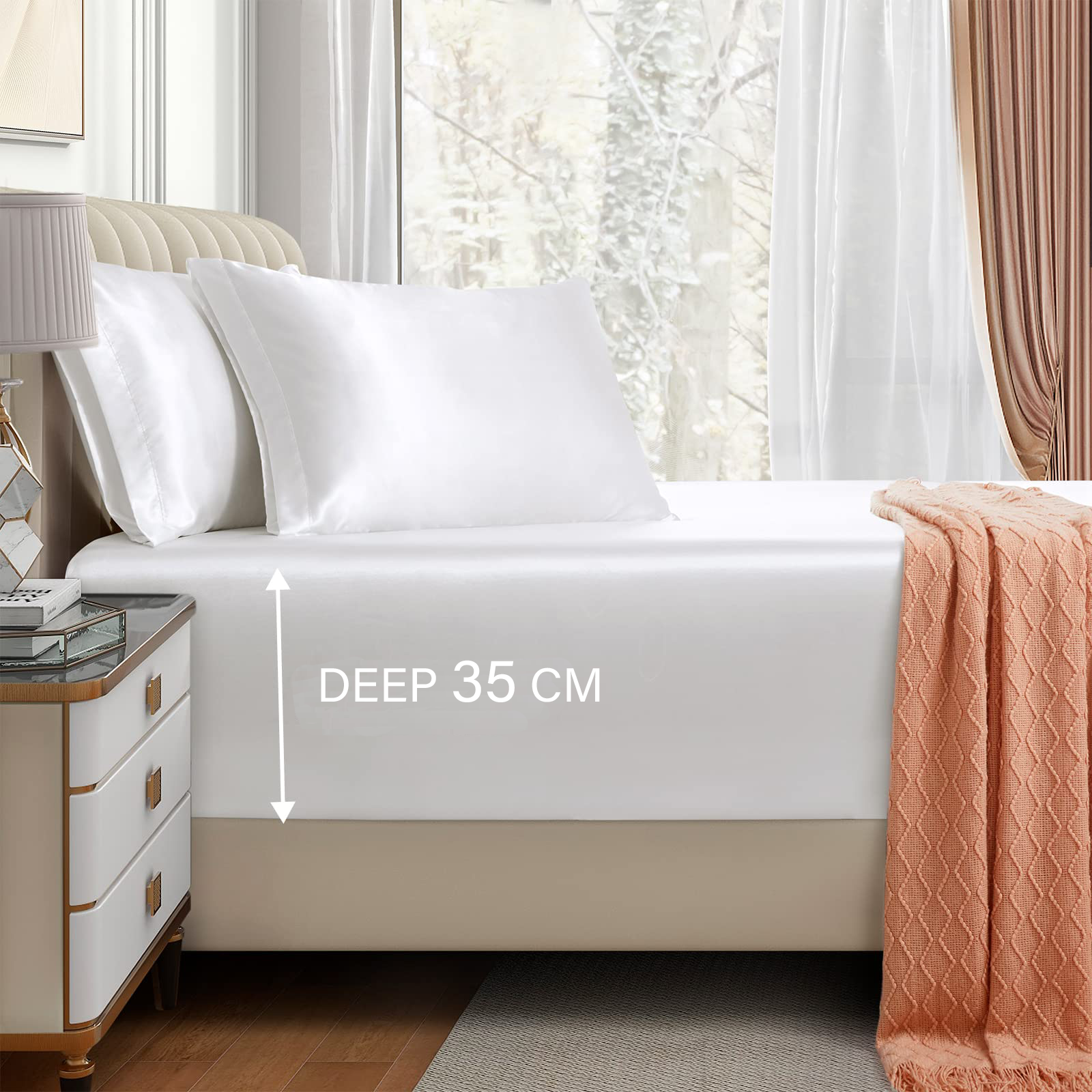 Satin Fitted Sheet Set Hotel 3 Pieces Fitted Sheet with Pillowcase, Art Silk Bedding Set-Luxury Soft Silky Sheets for Hair and Skin, Similar to Silk Fitted Sheets Set 3 Pieces(King,White)
