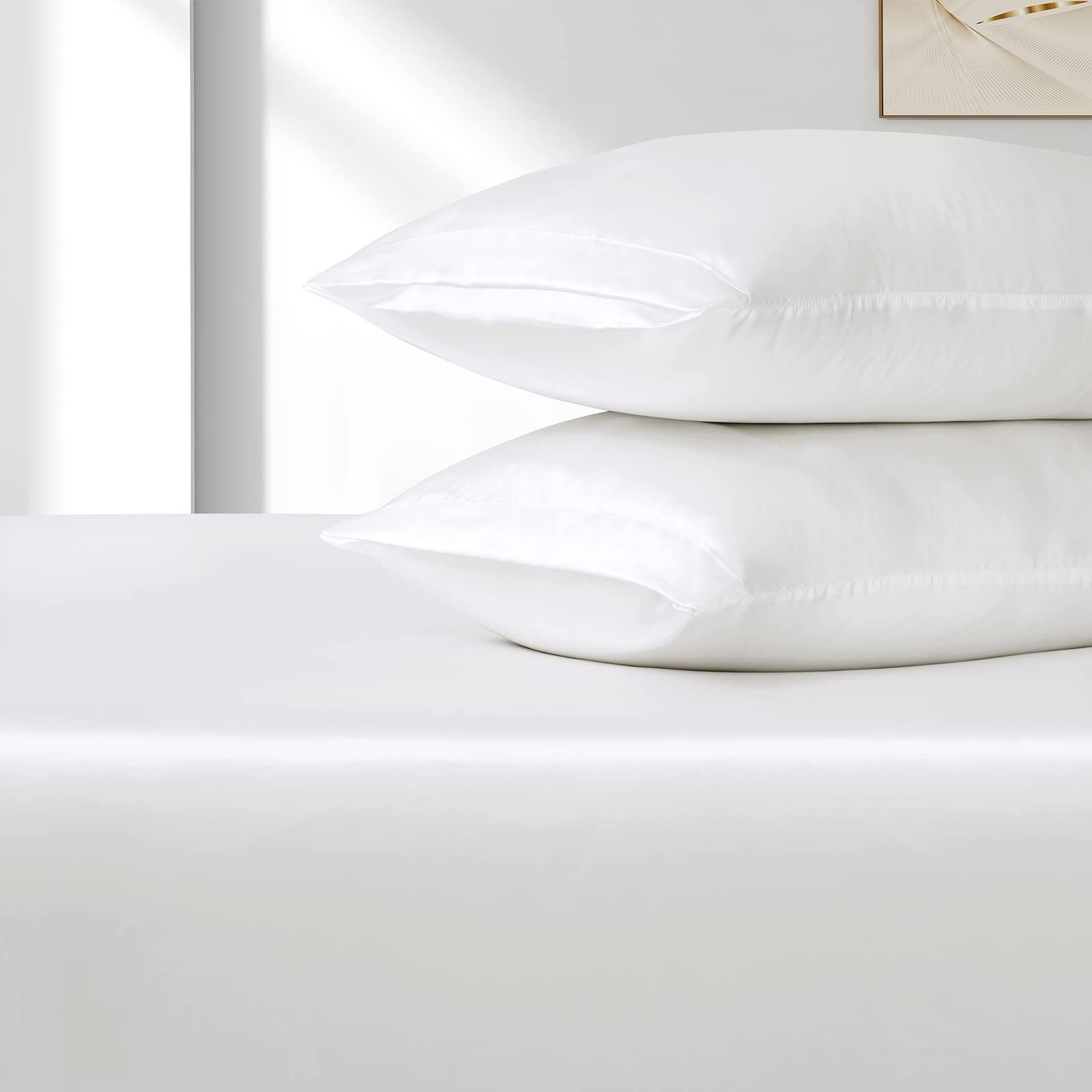 Satin Fitted Sheet Set Hotel 3 Pieces Fitted Sheet with Pillowcase, Art Silk Bedding Set-Luxury Soft Silky Sheets for Hair and Skin, Similar to Silk Fitted Sheets Set 3 Pieces(King,White)