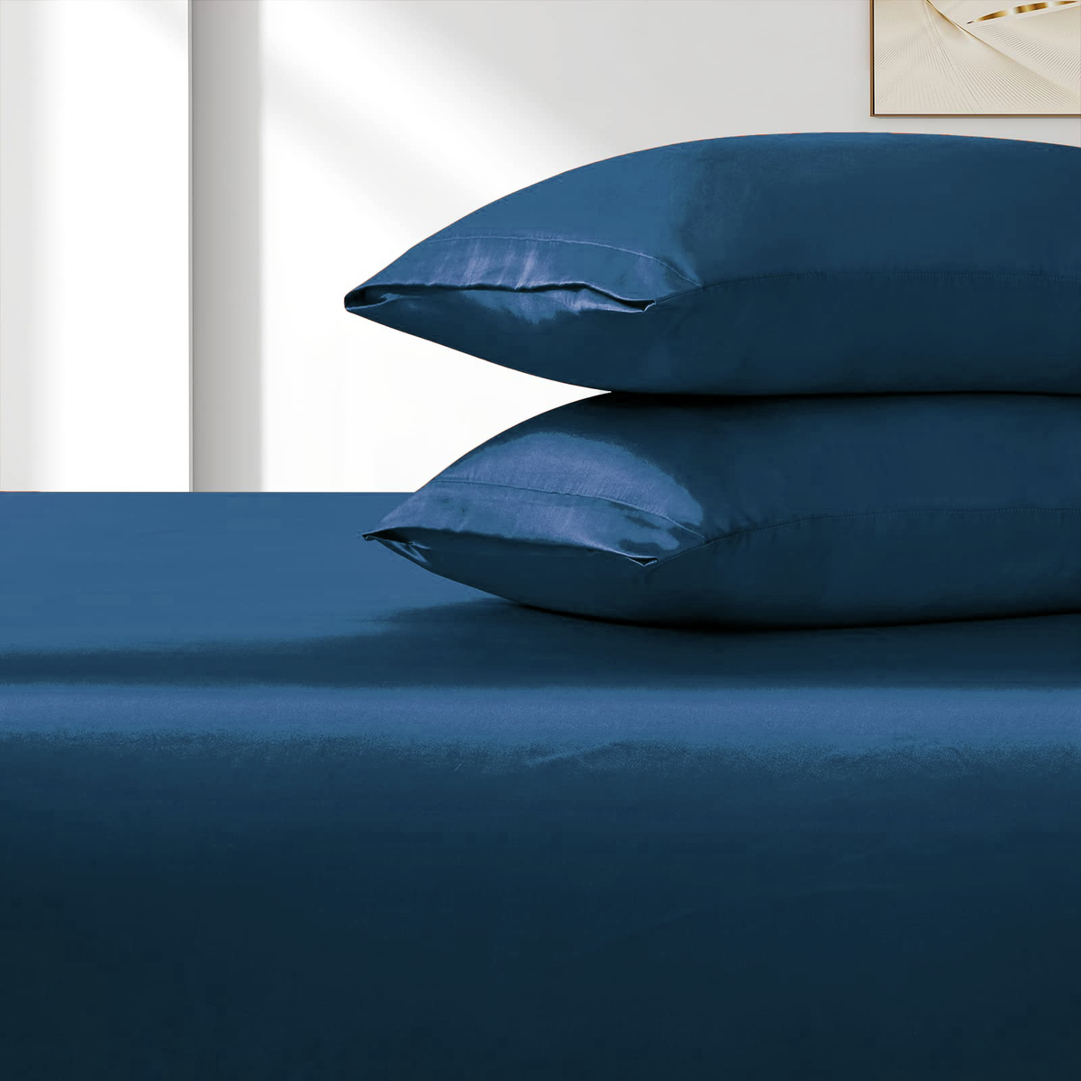 Satin Fitted Sheet Set Hotel 3 Pieces Fitted Sheet with Pillowcase, Art Silk Bedding Set-Luxury Soft Silky Sheets for Hair and Skin, Similar to Silk Fitted Sheets Set 3 Pieces(King,Navy)