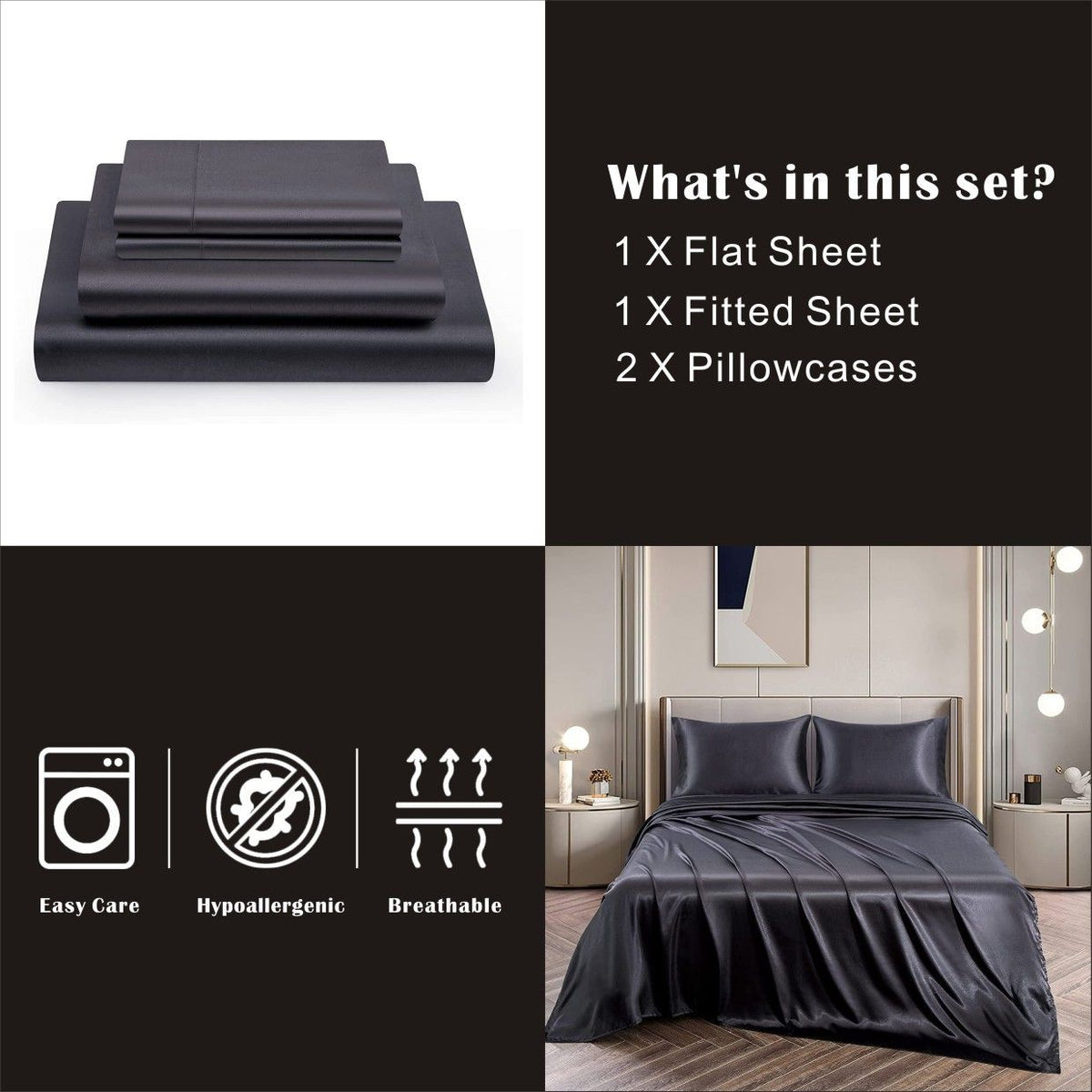 Art Silk Satin Sheet Set Hotel 4 Pieces Fitted/Flat Sheet Bedding Set-Luxury Soft Silky Sheets for Hair and Skin, Similar to Silk Bed Sheets Set 4 Pieces(King,Black)