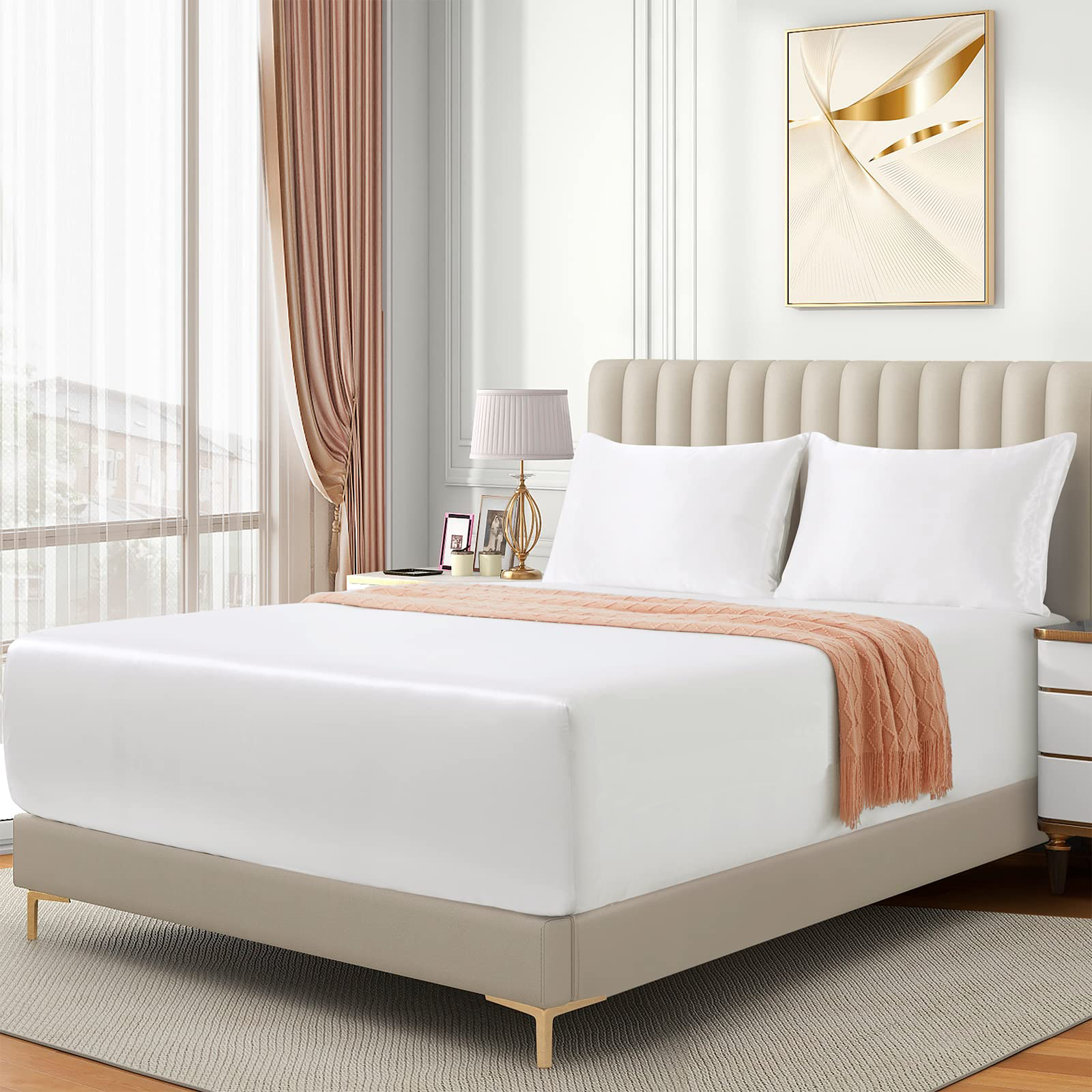 Satin Fitted Sheet Set Hotel 3 Pieces Fitted Sheet with Pillowcase, Art Silk Bedding Set-Luxury Soft Silky Sheets for Hair and Skin, Similar to Silk Fitted Sheets Set 3 Pieces(Queen,White)