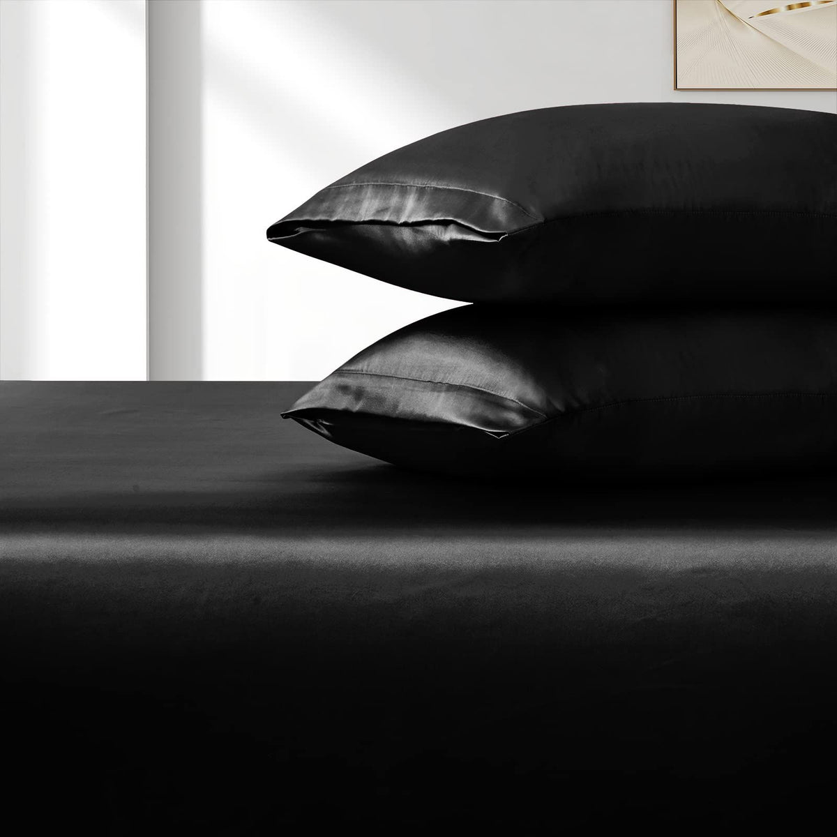 Satin Fitted Sheet Set Hotel 3 Pieces Fitted Sheet with Pillowcase, Art Silk Bedding Set-Luxury Soft Silky Sheets for Hair and Skin, Similar to Silk Fitted Sheets Set 3 Pieces(Queen,Black)
