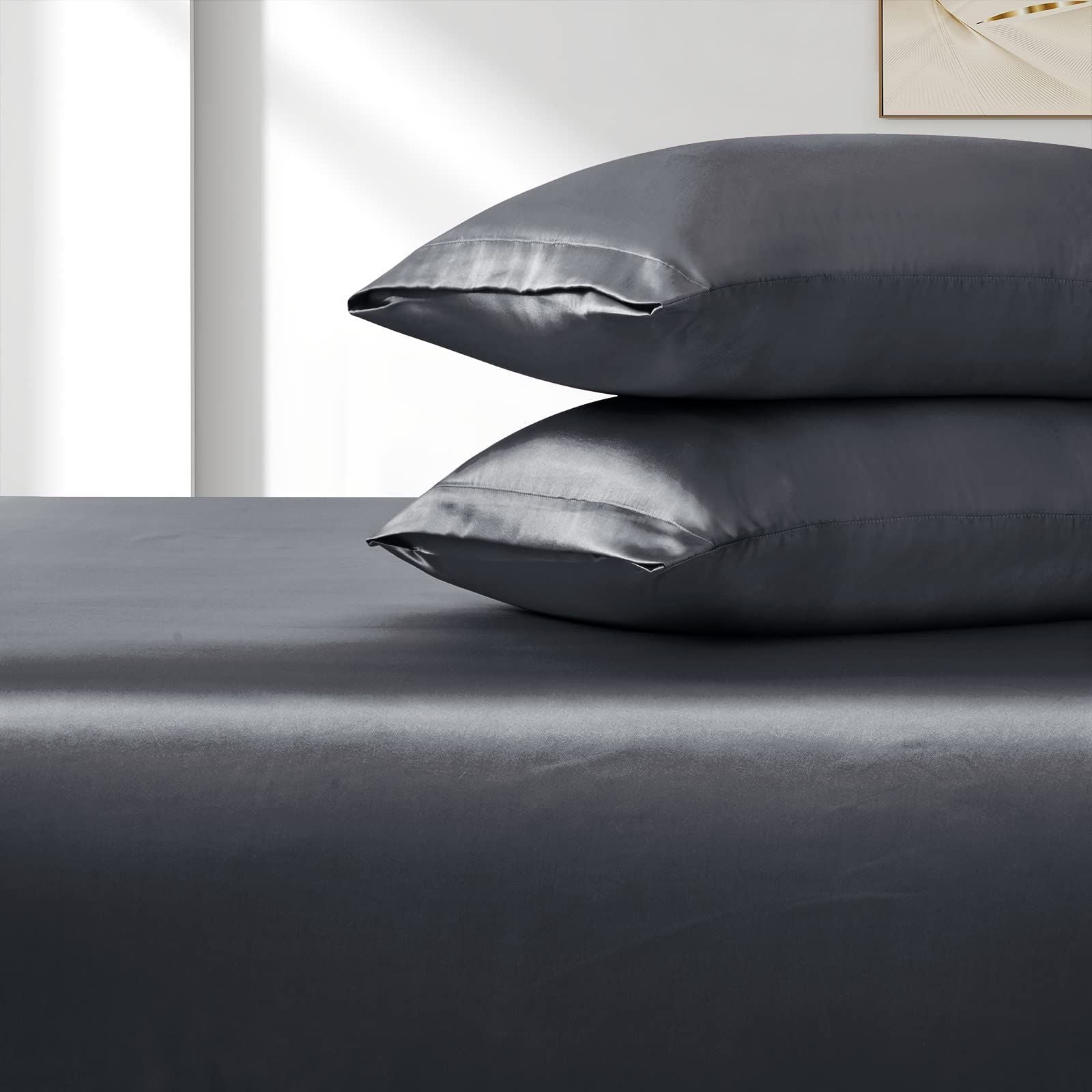 Satin Fitted Sheet Set Hotel 3 Pieces Fitted Sheet with Pillowcase, Art Silk Bedding Set-Luxury Soft Silky Sheets for Hair and Skin, Similar to Silk Fitted Sheets Set 3 Pieces(Queen,Grey)