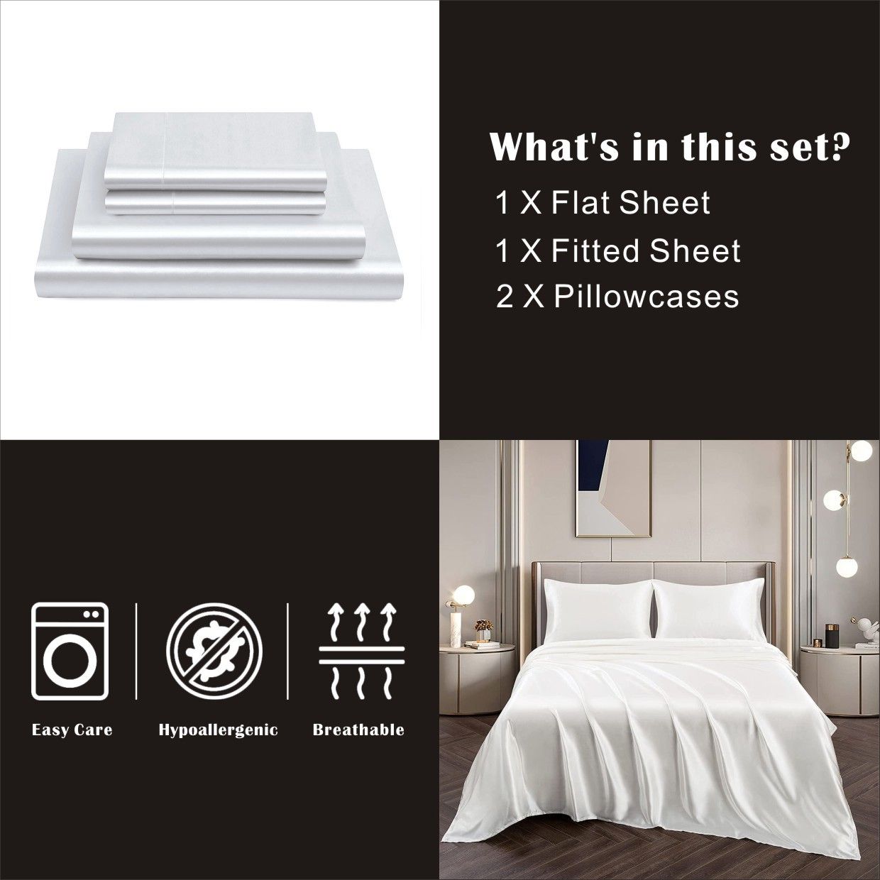 Art Silk Satin Sheet Set Hotel 4 Pieces Fitted/Flat Sheet Bedding Set-Luxury Soft Silky Sheets for Hair and Skin, Similar to Silk Bed Sheets Set 4 Pieces(Queen,White)