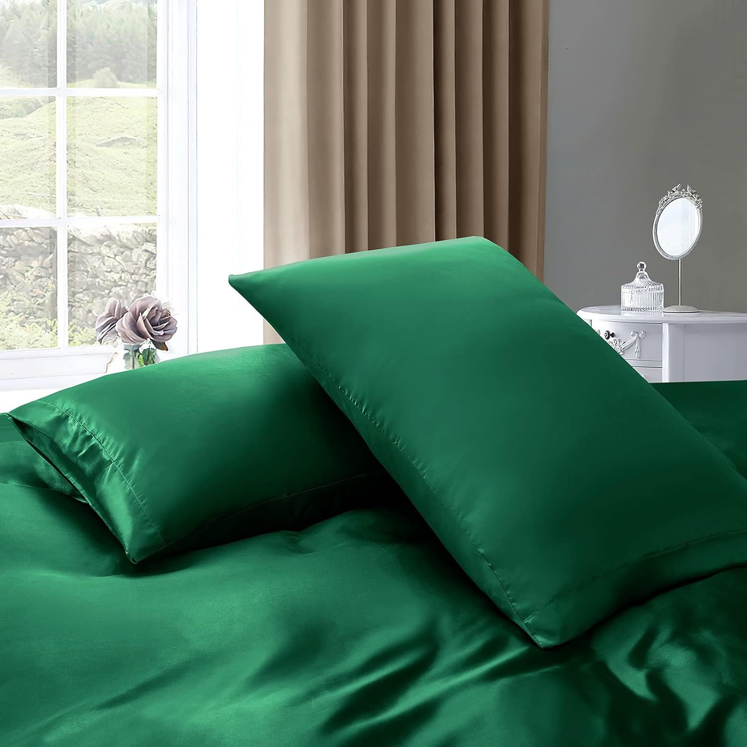 Satin Quilt cover Set Hotel 3 Pieces Quilt cover with Pillowcase, Art Silk Bedding Set-Luxury Soft Silky pillowcase for Hair and Skin, Similar to Silk Duvet/Donna Cover Set- 3 Pieces(Super King,Green)