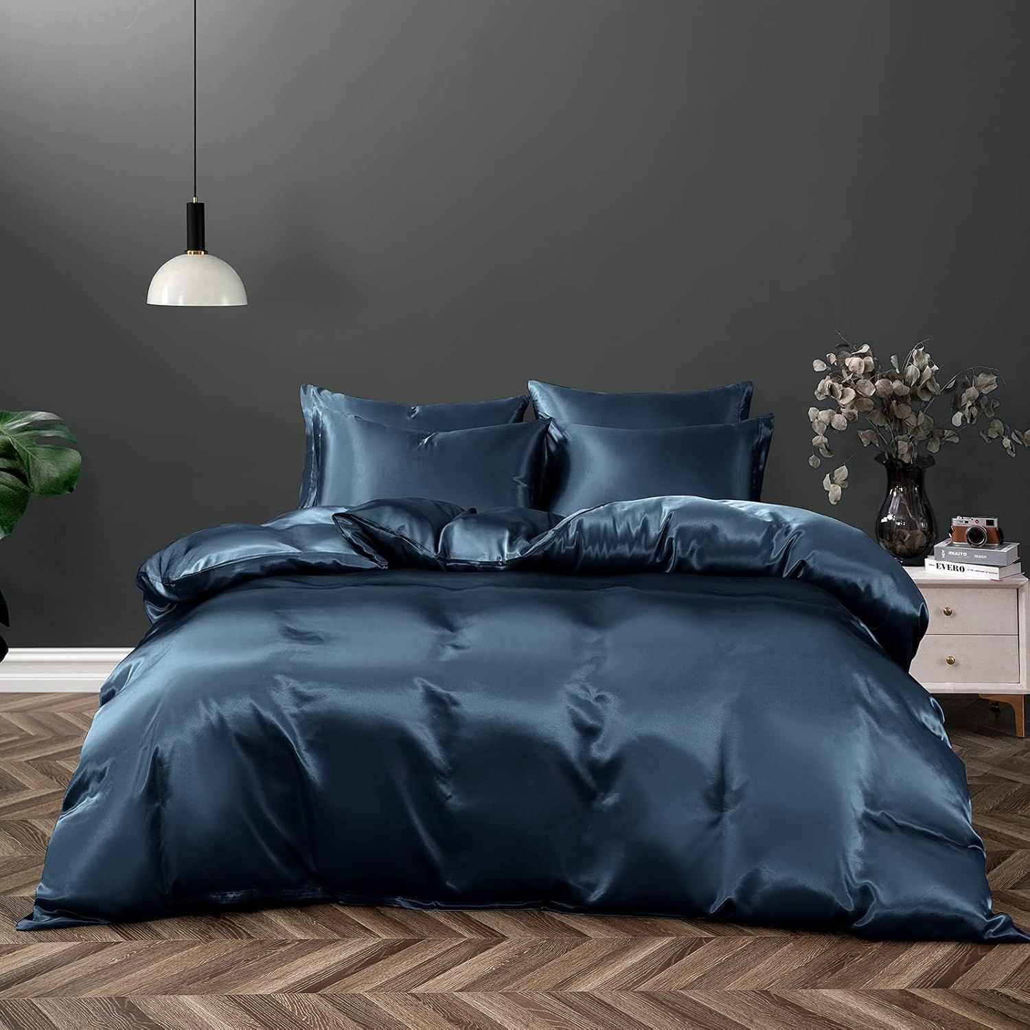 Satin Quilt cover Set Hotel 3 Pieces Quilt cover with Pillowcase, Art Silk Bedding Set-Luxury Soft Silky pillowcase for Hair and Skin, Similar to Silk Duvet/Donna Cover Set- 3 Pieces(Super King,Navy)