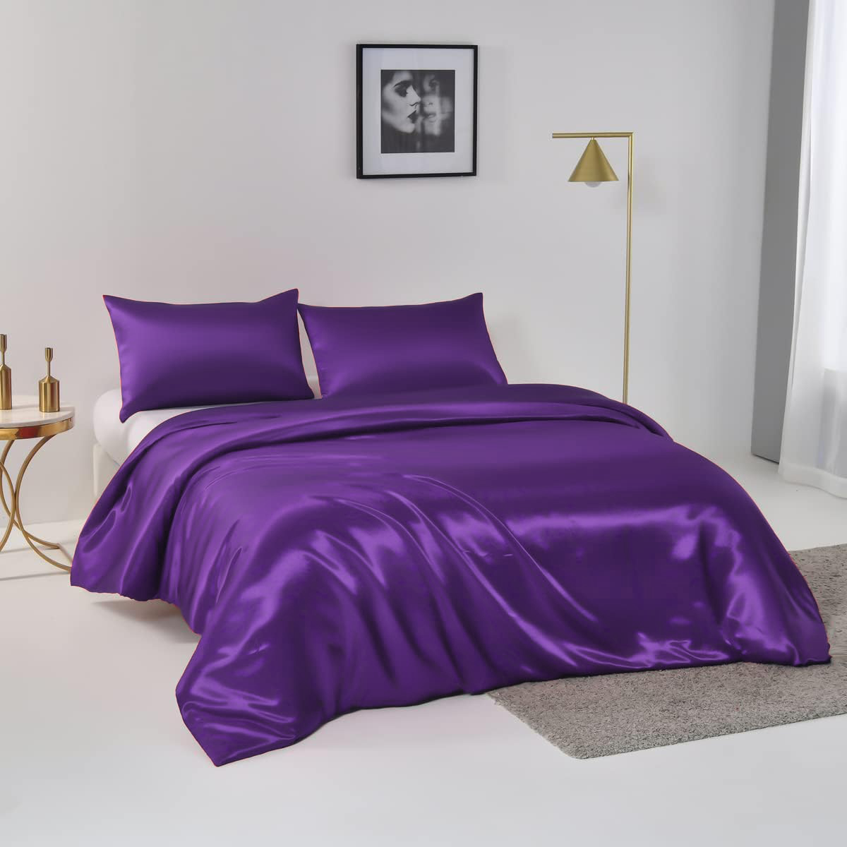 Satin Quilt cover Set Hotel 3 Pieces Quilt cover with Pillowcase, Art Silk Bedding Set-Luxury Soft Silky pillowcase for Hair and Skin, Similar to Silk Duvet/Donna Cover Set- 3 Pieces(Super King,Purple)