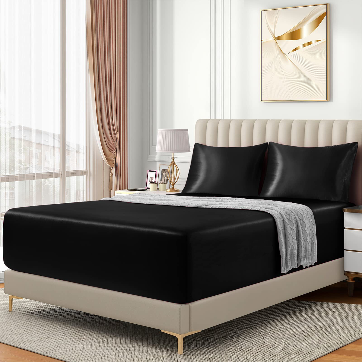 Satin Fitted Sheet Set Hotel 3 Pieces Fitted Sheet with Pillowcase, Art Silk Bedding Set-Luxury Soft Silky Sheets for Hair and Skin, Similar to Silk Fitted Sheets Set 3 Pieces(Super King,Black)