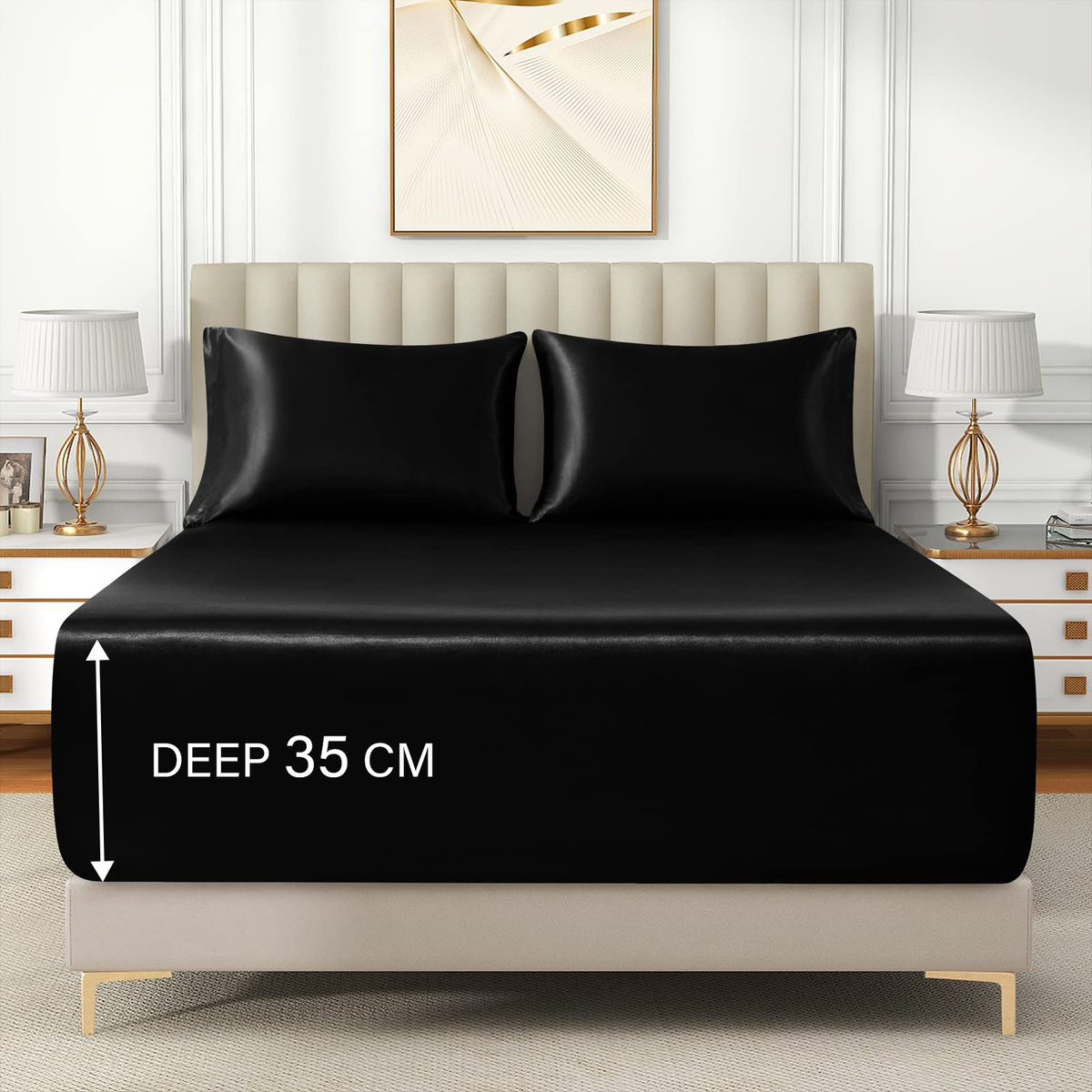 Satin Fitted Sheet Set Hotel 3 Pieces Fitted Sheet with Pillowcase, Art Silk Bedding Set-Luxury Soft Silky Sheets for Hair and Skin, Similar to Silk Fitted Sheets Set 3 Pieces(Super King,Black)