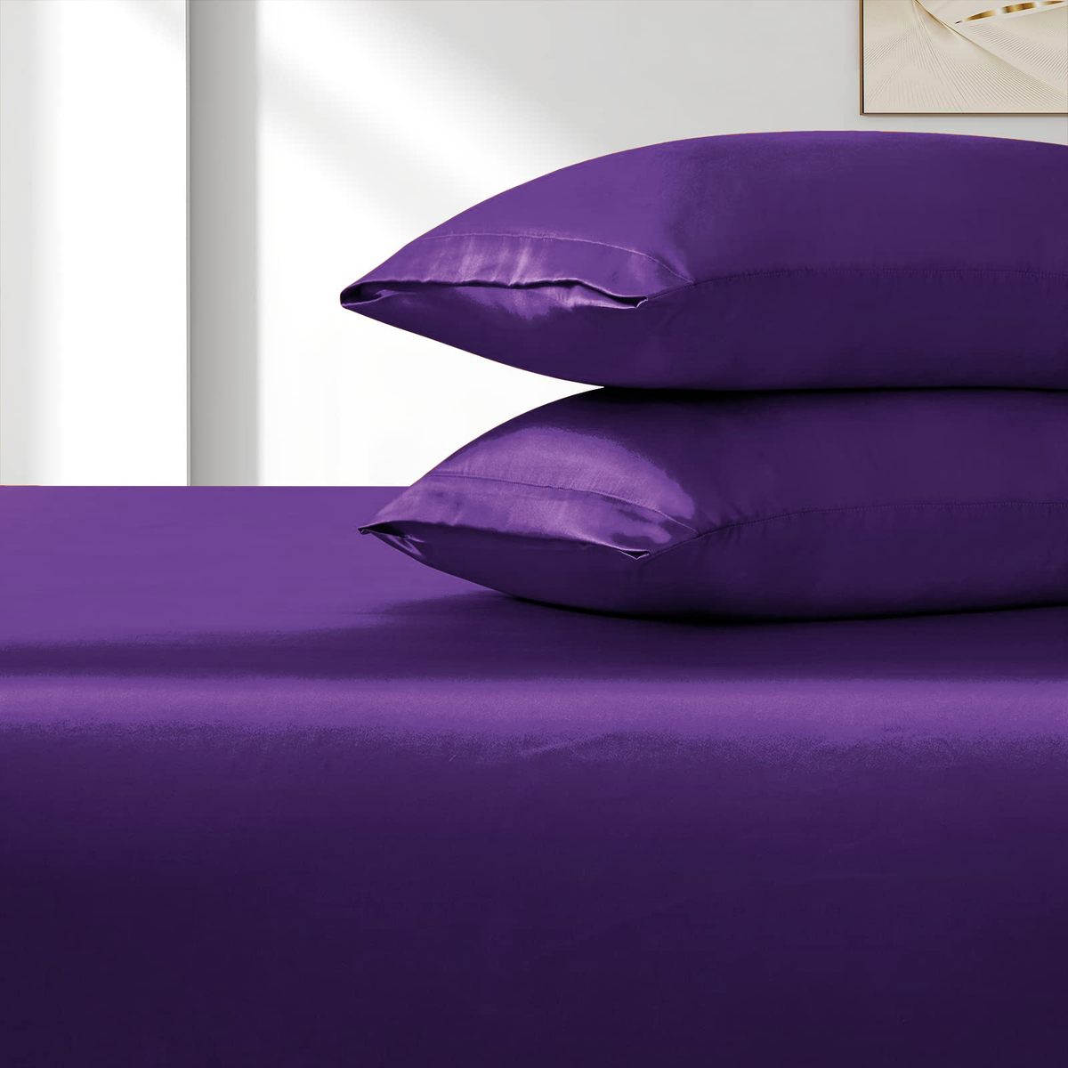 Satin Fitted Sheet Set Hotel 3 Pieces Fitted Sheet with Pillowcase, Art Silk Bedding Set-Luxury Soft Silky Sheets for Hair and Skin, Similar to Silk Fitted Sheets Set 3 Pieces(Super King,Purple)