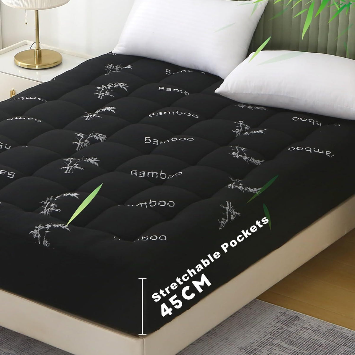 800GSM Mattress Topper Viscose Derived from Bamboo, Thick Pillowtop Fitted Mattress Cover with 45cm Deep Skirt - Machine Washable Hypoallergenic（King Single,Black）