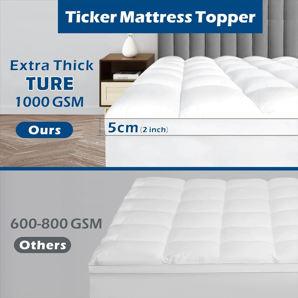 1000GSM Mattress Topper Viscose Derived from Bamboo, Thick Pillowtop Fitted Mattress Cover with 45cm Deep Skirt - Machine Washable Hypoallergenic(Queen,,Black)