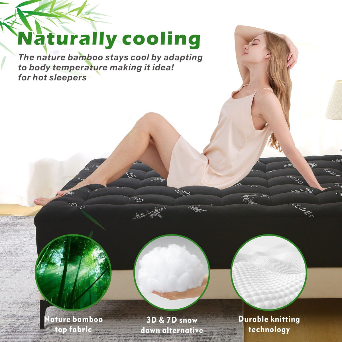 800GSM Mattress Topper Viscose Derived from Bamboo, Thick Pillowtop Fitted Mattress Cover with 45cm Deep Skirt - Machine Washable Hypoallergenic(Queen,,Black)