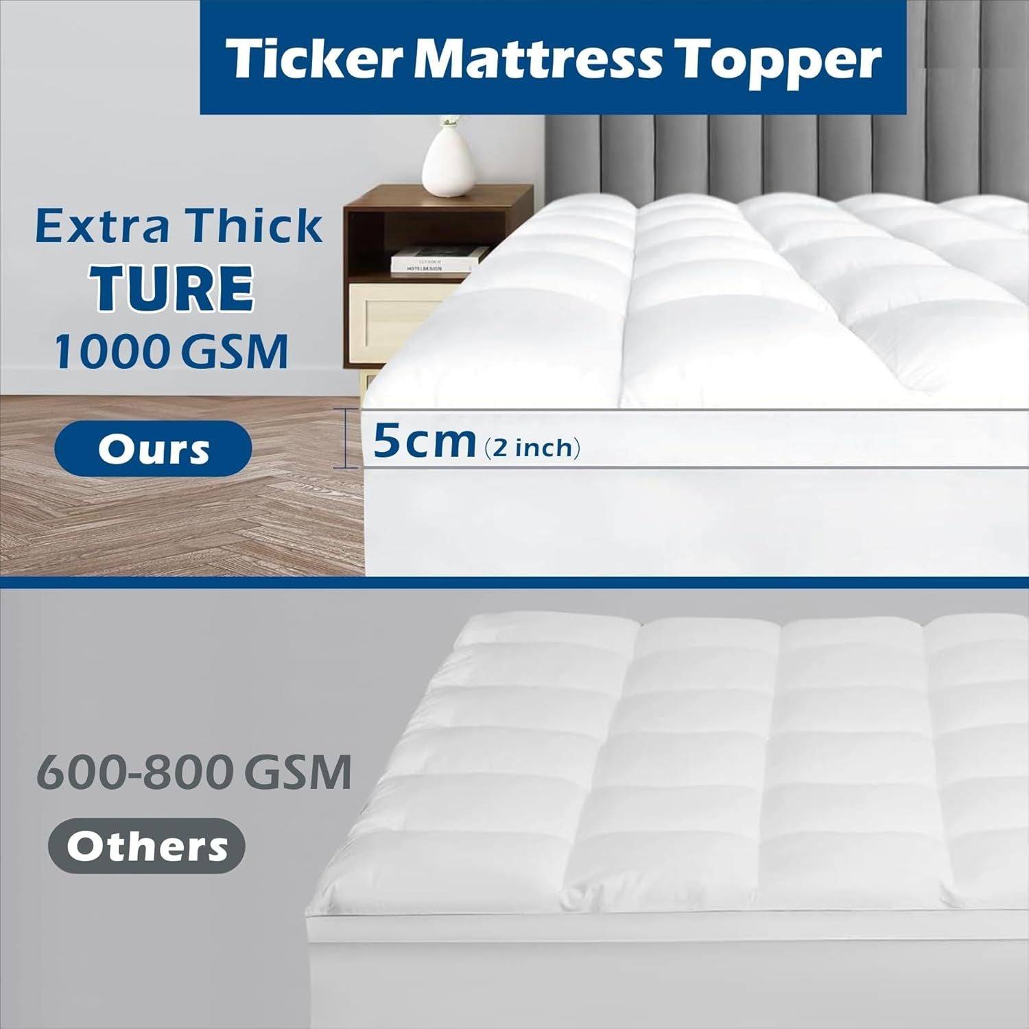 1000GSM Mattress Topper Viscose Derived from Bamboo, Thick Pillowtop Fitted Mattress Cover with 45cm Deep Skirt - Machine Washable Hypoallergenic（Single,Black）