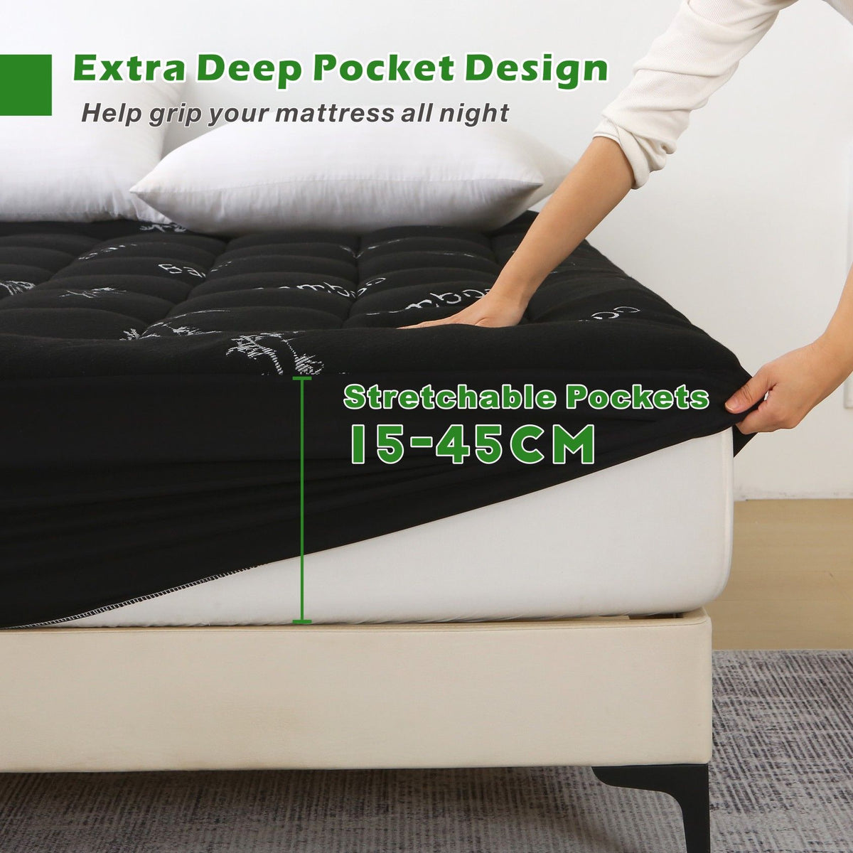 800GSM Mattress Topper Viscose Derived from Bamboo, Thick Pillowtop Fitted Mattress Cover with 45cm Deep Skirt - Machine Washable Hypoallergenic(Super King,Black)