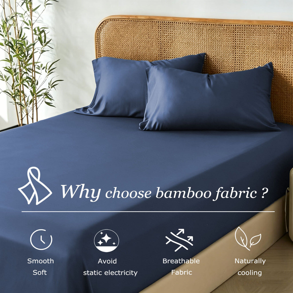 3 Piece Hotel Bamboo Cooling Fitted Sheet Set & Pillowcase -Ultra Soft 2000TC Breathable Fitted Bed Sheets Set with 37 Centimetre Deep Pocket-Cooling Sheets for Hot Sleepers(Navy,Double)