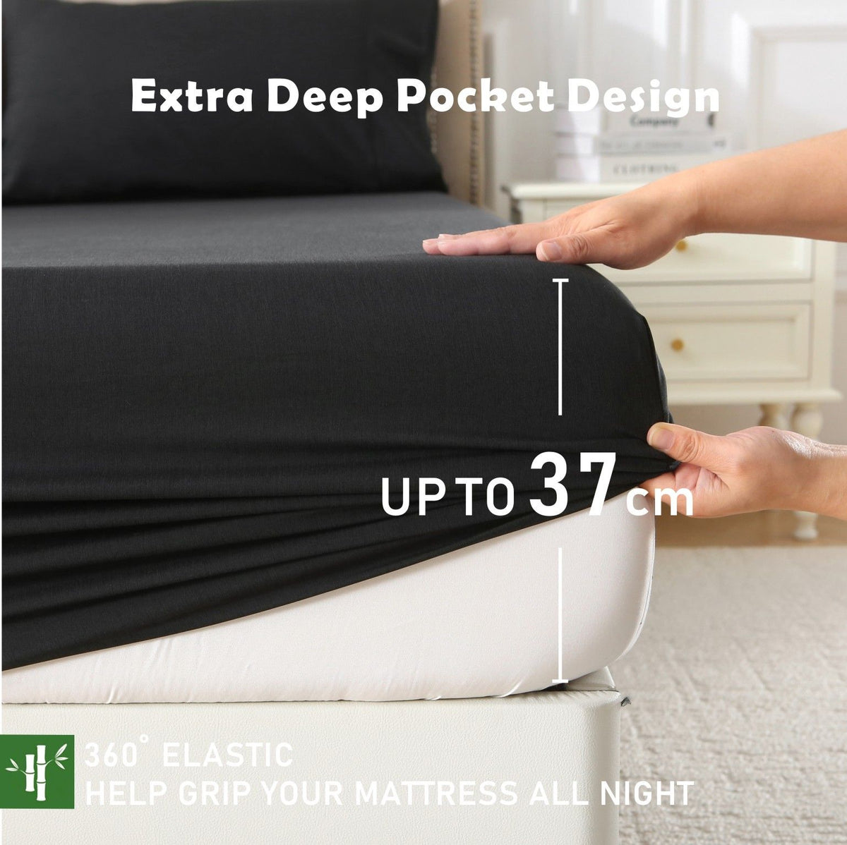 3 Piece Hotel Bamboo Cooling Fitted Sheet Set & Pillowcase -Ultra Soft 2000TC Breathable Fitted Bed Sheets Set with 37 Centimetre Deep Pocket-Cooling Sheets for Hot Sleepers(Black,King)