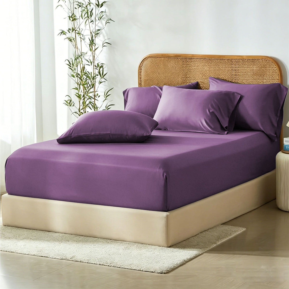 3 Piece Hotel Bamboo Cooling Fitted Sheet Set &amp; Pillowcase -Ultra Soft 2000TC Breathable Fitted Bed Sheets Set with 37 Centimetre Deep Pocket-Cooling Sheets for Hot Sleepers(Purple,King)