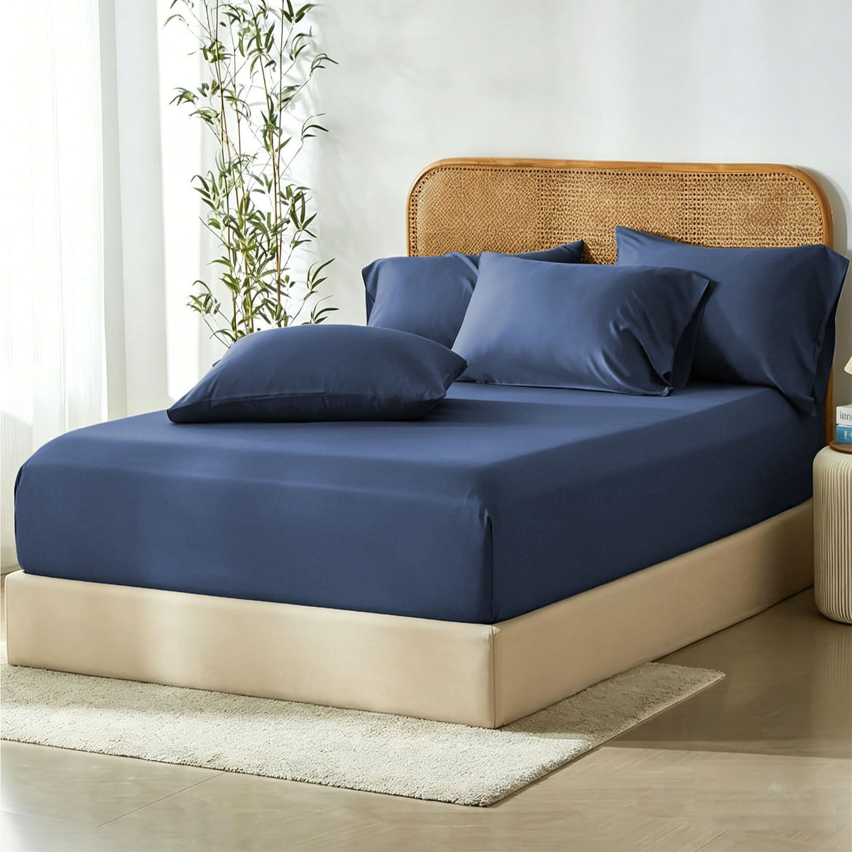 2 Piece Hotel Bamboo Cooling Fitted Sheet Set &amp; Pillowcase -Ultra Soft 2000TC Breathable Fitted Bed Sheets Set with 37 Centimetre Deep Pocket-Cooling Sheets for Hot Sleepers(Navy,King Single)