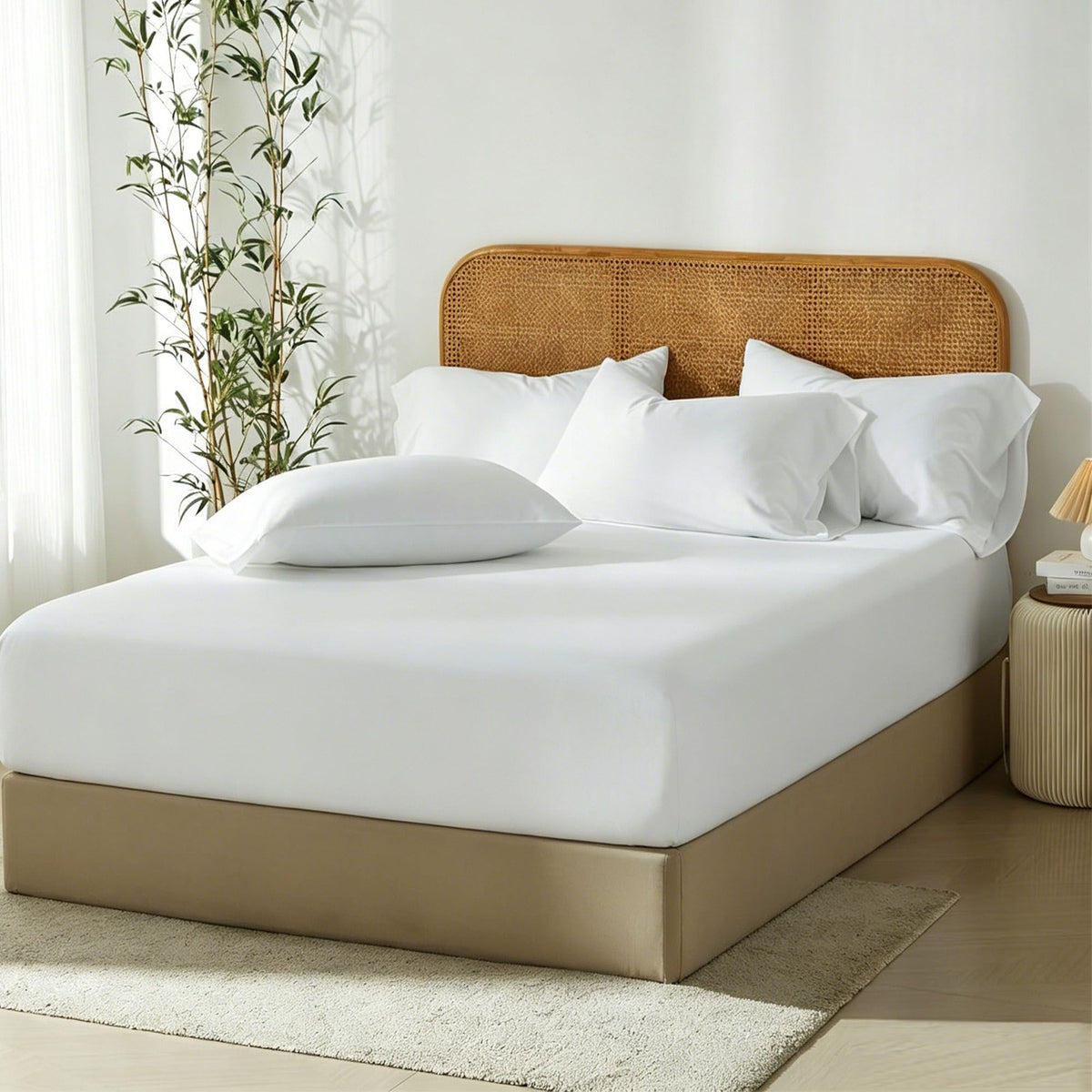 3 Piece Hotel Bamboo Cooling Fitted Sheet Set &amp; Pillowcase -Ultra Soft 2000TC Breathable Fitted Bed Sheets Set with 37 Centimetre Deep Pocket-Cooling Sheets for Hot Sleepers(White,Queen)