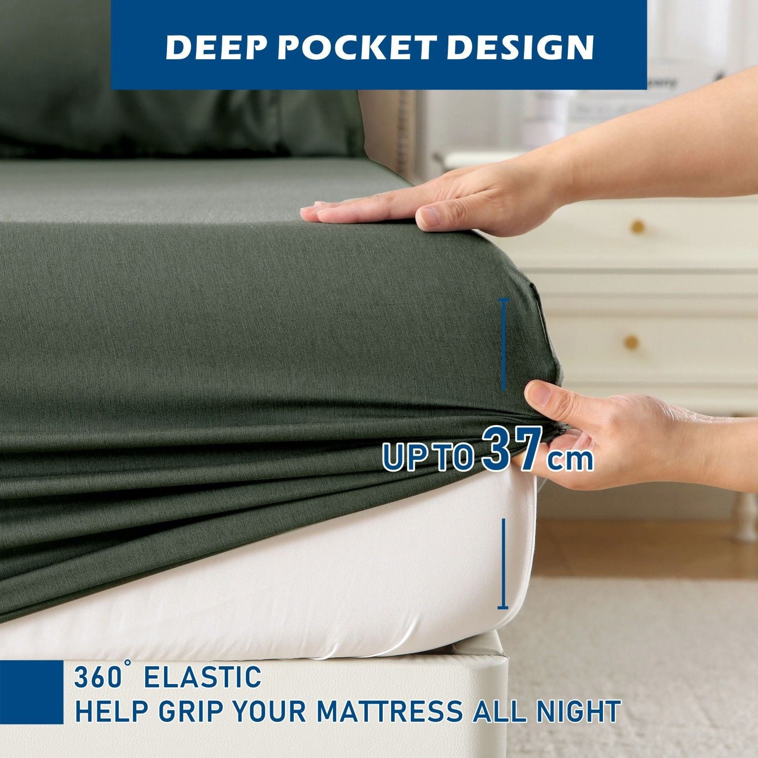 4 Piece Hotel Bamboo Cooling Sheet Set -Ultra Soft 2000TC Breathable Bed Sheets Set with 37 Centimetre Deep Pocket-Cooling Sheets for Hot Sleepers(Olive green,Queen)