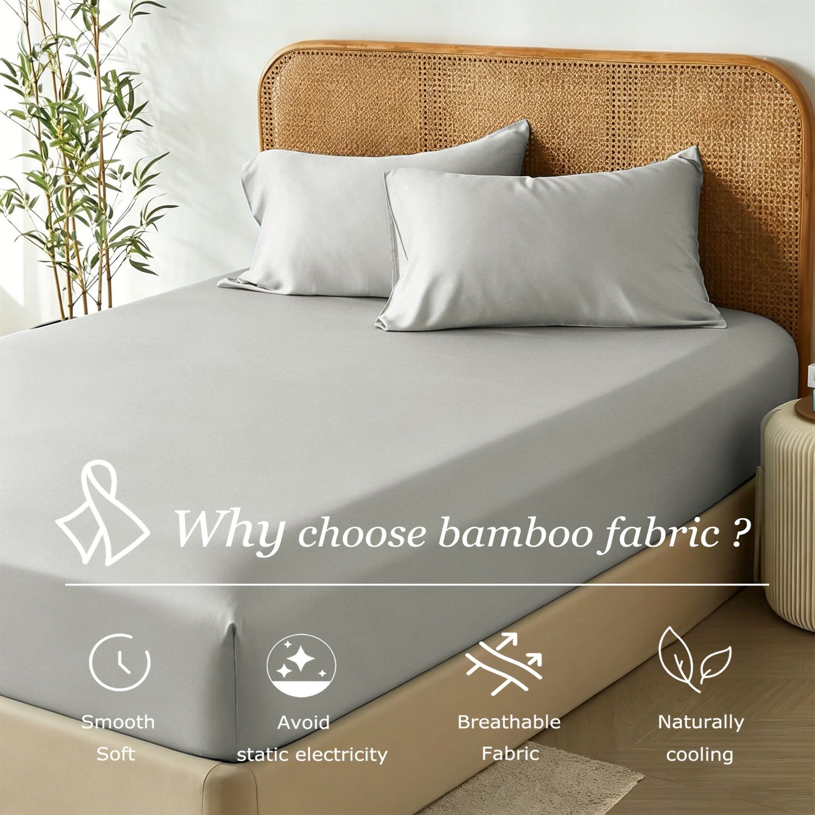 3 Piece Hotel Bamboo Cooling Fitted Sheet Set & Pillowcase -Ultra Soft 2000TC Breathable Fitted Bed Sheets Set with 37 Centimetre Deep Pocket-Cooling Sheets for Hot Sleepers(Silver-gray,Super King)