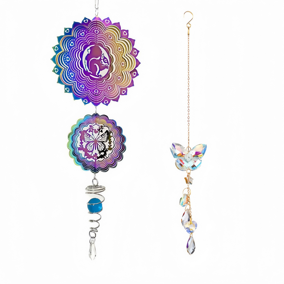 3D Stainless Steel Wind Spinner with Spiral Tail &amp; Butterfly Crystal Sun Catcher, Hanging Metal Wind Chimes for Women Gift, Indoor/Outdoor Decor, Yard Art Decorations