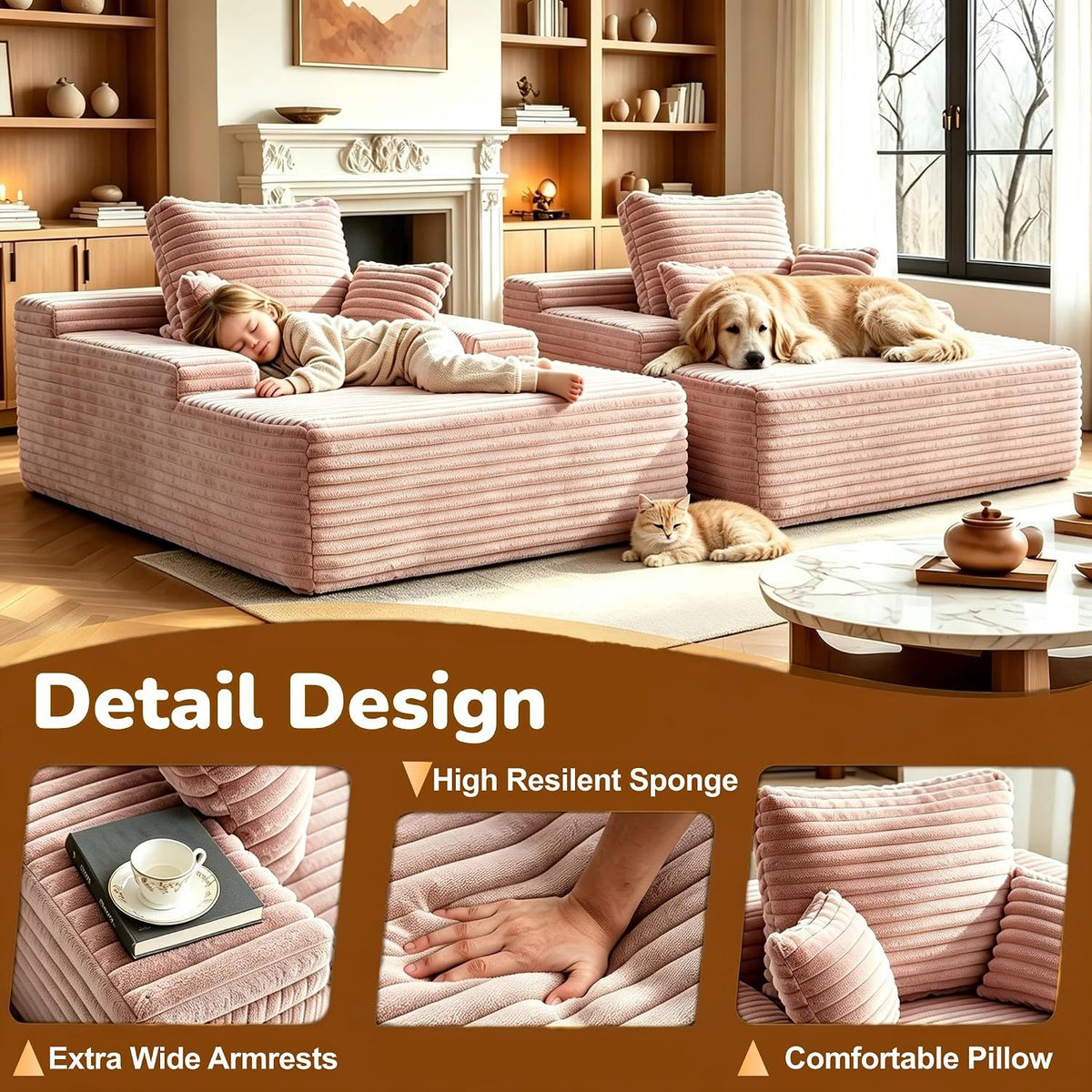 Sofa Bed Single Faux Fur Corduroy Sleeper Chair | 3 Pillows,Deep Seat,High-Density Foam Spring-Filled Boneless Cloud Couch Sofa for Apartment Living Room, Bedroom, No Assembly
