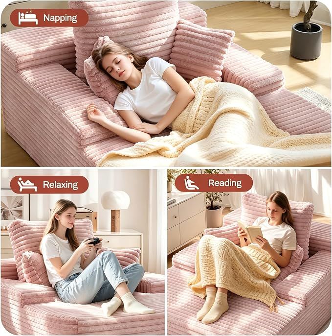 Sofa Bed Single Faux Fur Corduroy Sleeper Chair | 3 Pillows,Deep Seat,High-Density Foam Spring-Filled Boneless Cloud Couch Sofa for Apartment Living Room, Bedroom, No Assembly