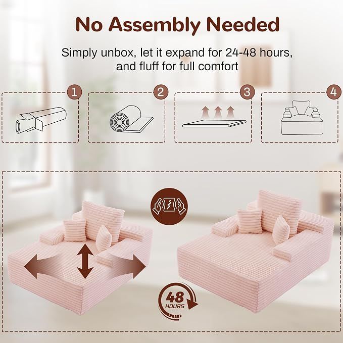 Sofa Bed Single Faux Fur Corduroy Sleeper Chair | 3 Pillows,Deep Seat,High-Density Foam Spring-Filled Boneless Cloud Couch Sofa for Apartment Living Room, Bedroom, No Assembly
