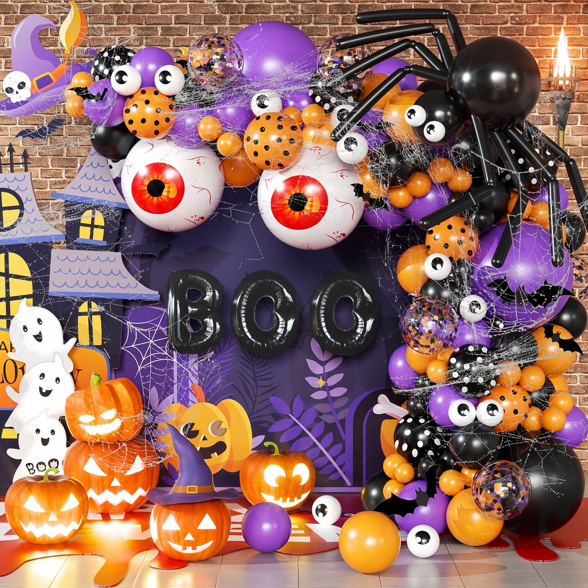 Halloween Decoration Set – Light-Up Pumpkin Lamp,128 Pcs Halloween Party Balloon Garland Arch Kit &amp; Hand Pump for Indoor Outdoor Halloween Porch,Fireplace Funny Decor