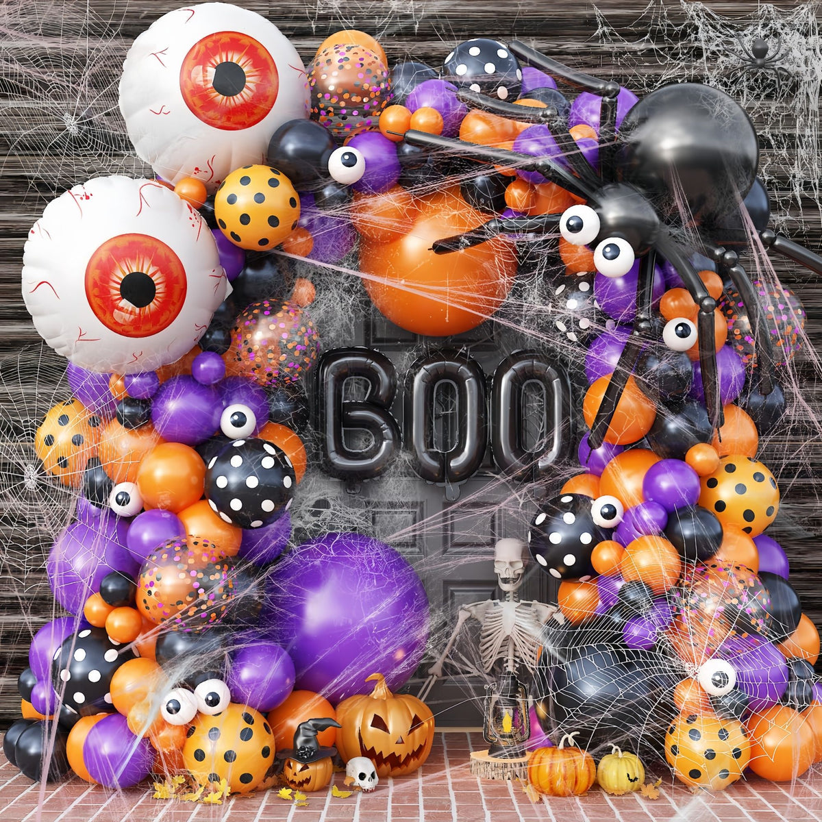 Halloween Decoration Set – Light-Up Pumpkin Lamp,128 Pcs Halloween Party Balloon Garland Arch Kit & Hand Pump for Indoor Outdoor Halloween Porch,Fireplace Funny Decor