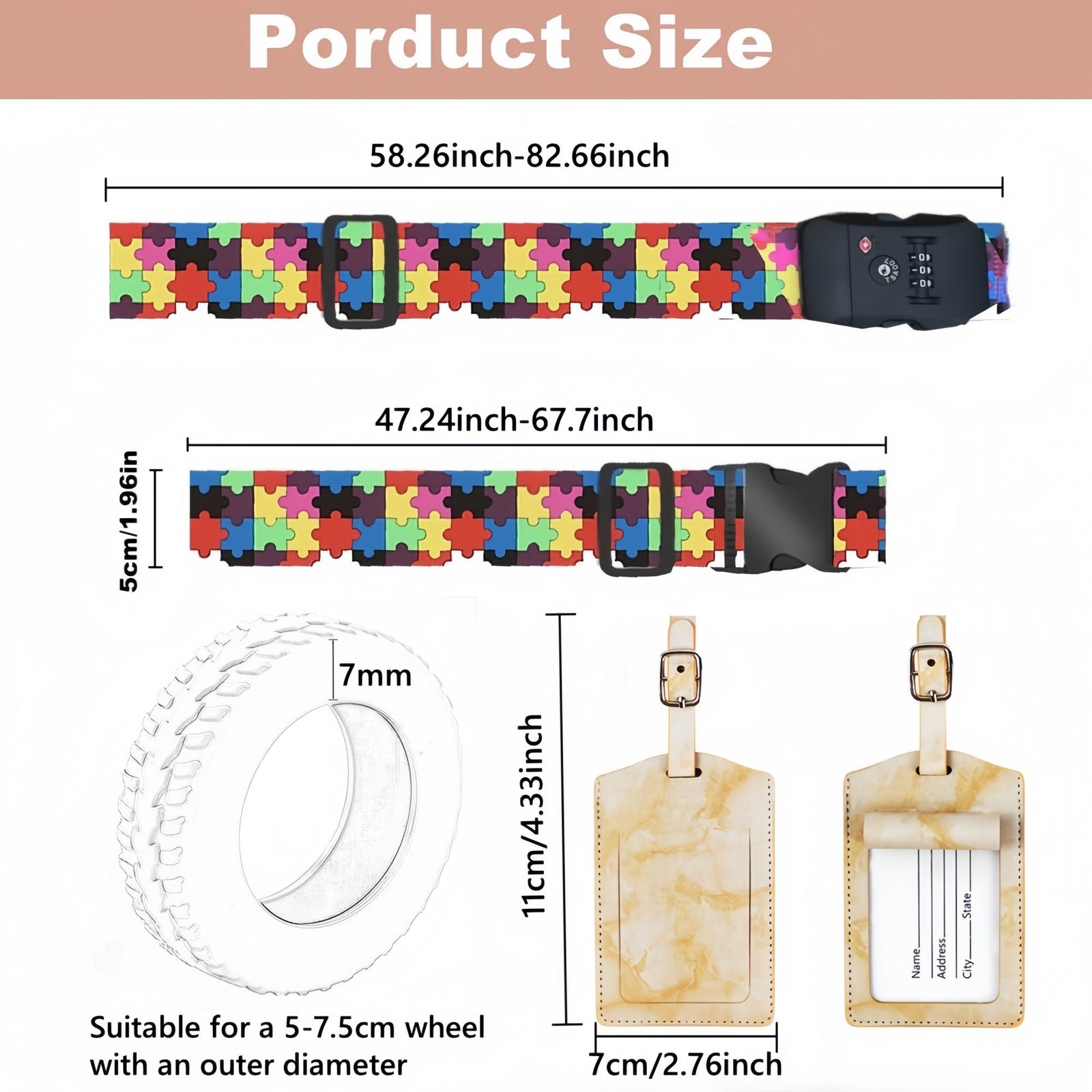 Luggage Accessories Set – 4 Pack Travel Kit with Luggage Tags, Luggage Strap with Lock, Suitcase Wheel Covers & Stickers – Travel Essentials for Suitcases & Bags