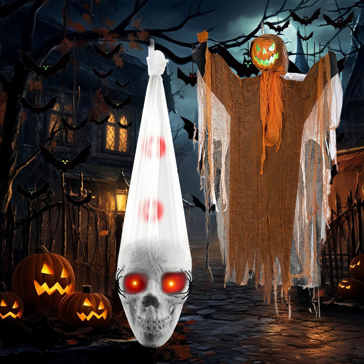 Halloween Decoration Set–Hanging Skull with LED Red Eyes and Spiders,18 PCS Hanging Bats Decorations&amp;Spooky Scarecrow Decor for Halloween Outside Yard Tree Decors
