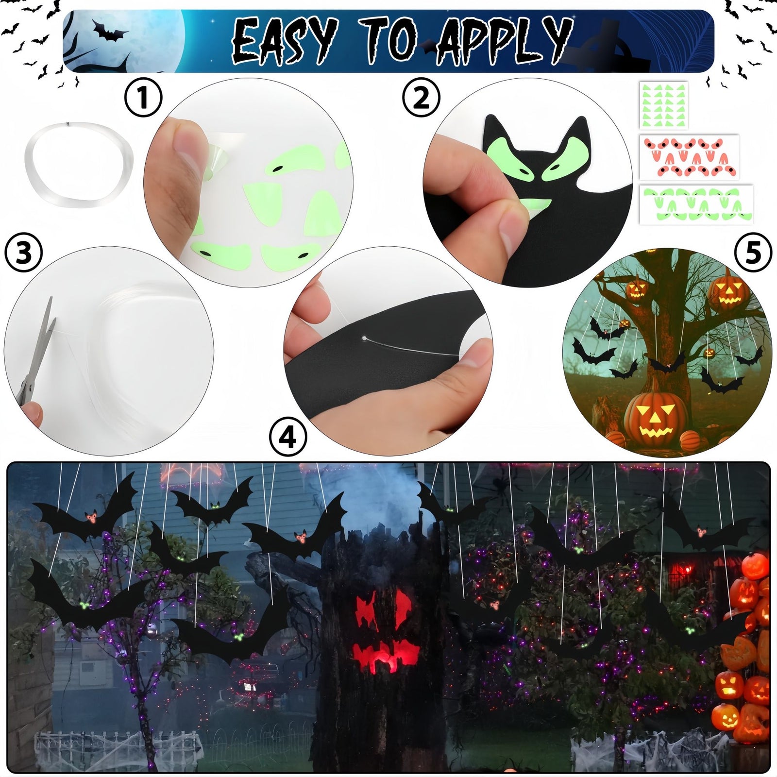 Halloween Decoration Set–Hanging Skull with LED Red Eyes and Spiders,18 PCS Hanging Bats Decorations&Spooky Scarecrow Decor for Halloween Outside Yard Tree Decors