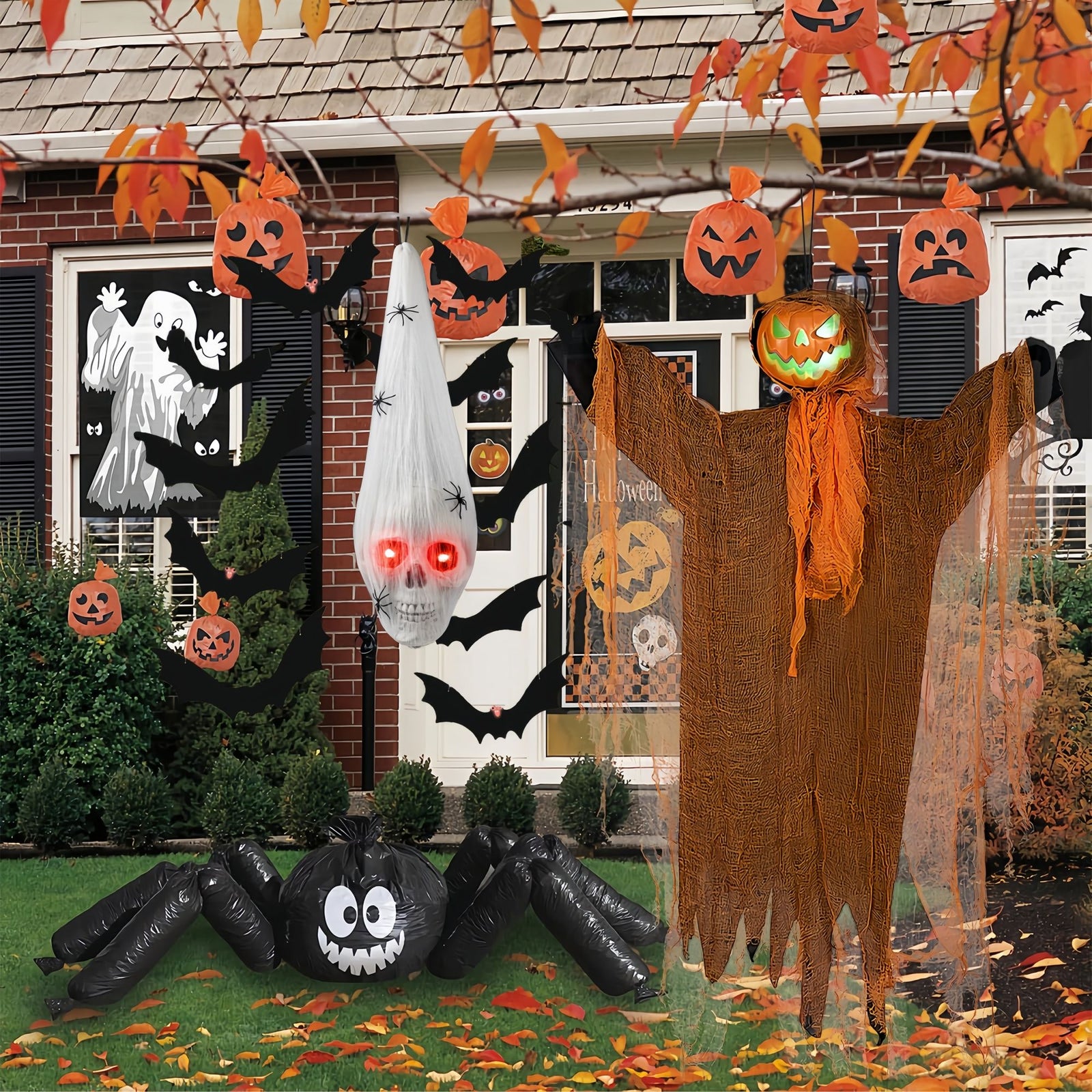 Halloween Decoration Set–Hanging Skull with LED Red Eyes and Spiders,18 PCS Hanging Bats Decorations&Spooky Scarecrow Decor for Halloween Outside Yard Tree Decors