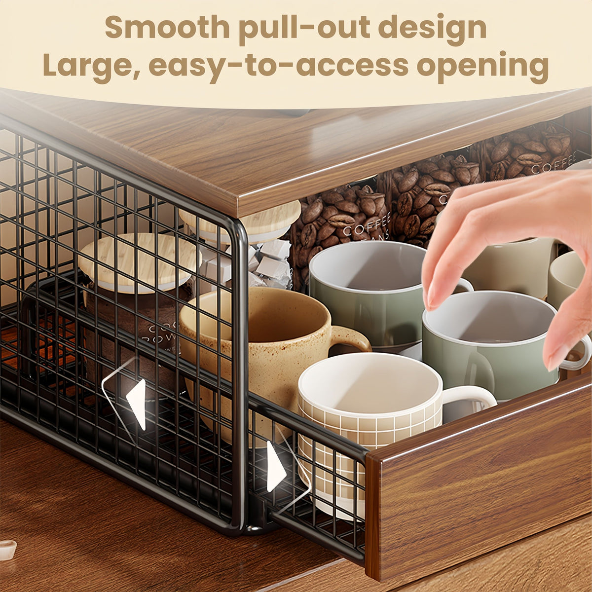Coffee Machine Stand,Coffee Capsule Storage, Kitchen Counter Organizer with Drawer&amp; Wire Basket, Space Saving Design, No Assembly, Tea Storage,for Kitchen Appliances