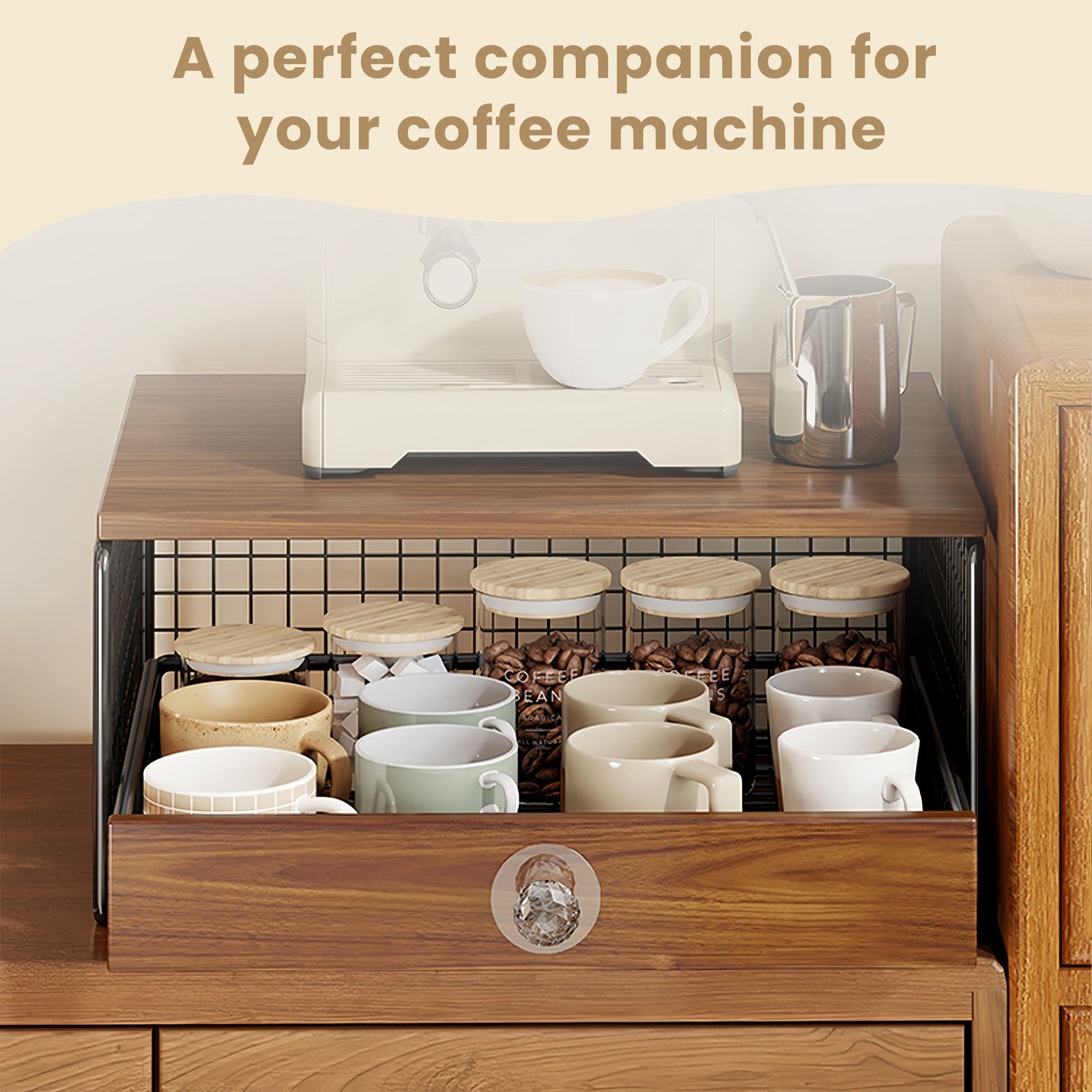 Coffee Machine Stand,Coffee Capsule Storage, Kitchen Counter Organizer with Drawer& Wire Basket, Space Saving Design, No Assembly, Tea Storage,for Kitchen Appliances