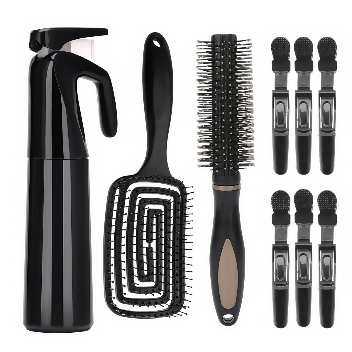 4-piece Hair Care Set with Detangling Hair Brush, Round Brush, Alligator Clips &amp; Spray Bottle - Anti-Static for Wet, Dry, Hair Styling Tools for Women Men