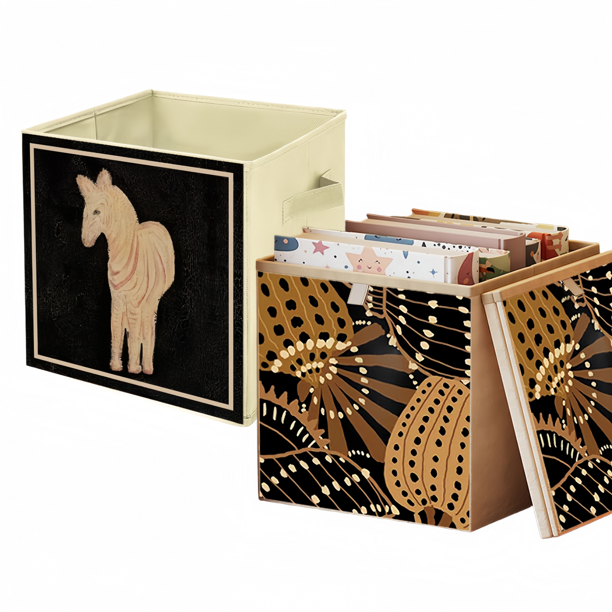 2 Packs Collapsible Storage Bins, Retro Style Foldable Storage Box for Toys, Clothes, Books, Closet &amp; Shelves, Durable Home Storage Basket Organizer (A-Horse)