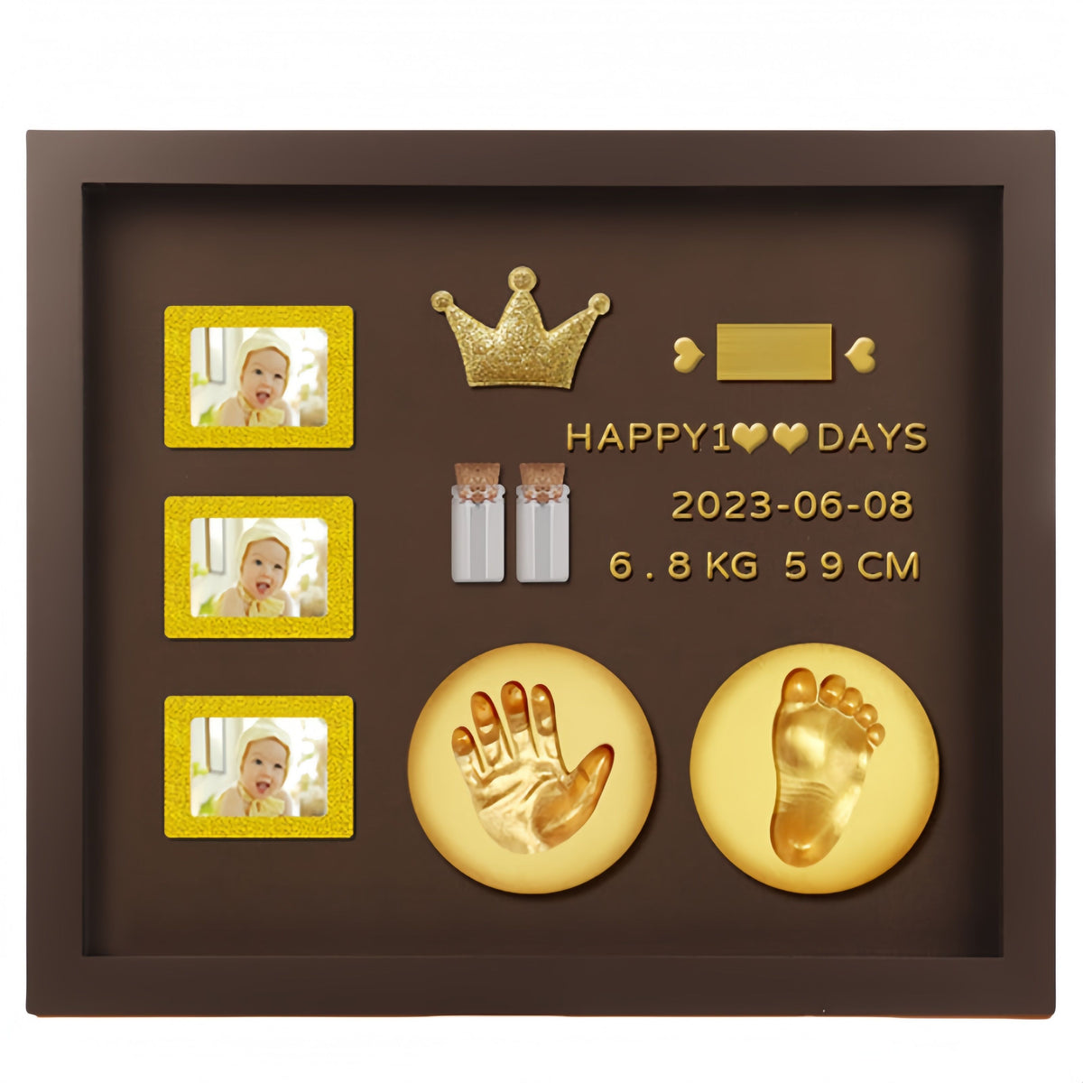 Baby Hand and Footprint Kit with 3 Photo Slots, Golden Ink Pad &amp; Number/Letter Stickers, Non-Toxic Newborn Gift Set for Baby Shower, Nursery Decor, Keepsake Memory Frame