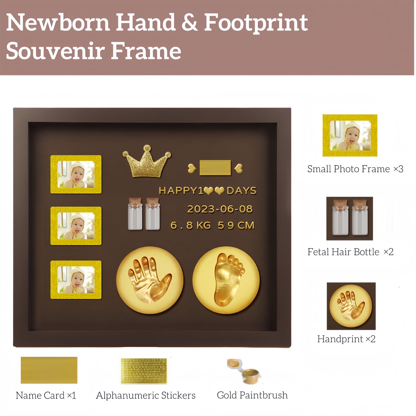 Baby Hand and Footprint Kit with 3 Photo Slots, Golden Ink Pad & Number/Letter Stickers, Non-Toxic Newborn Gift Set for Baby Shower, Nursery Decor, Keepsake Memory Frame