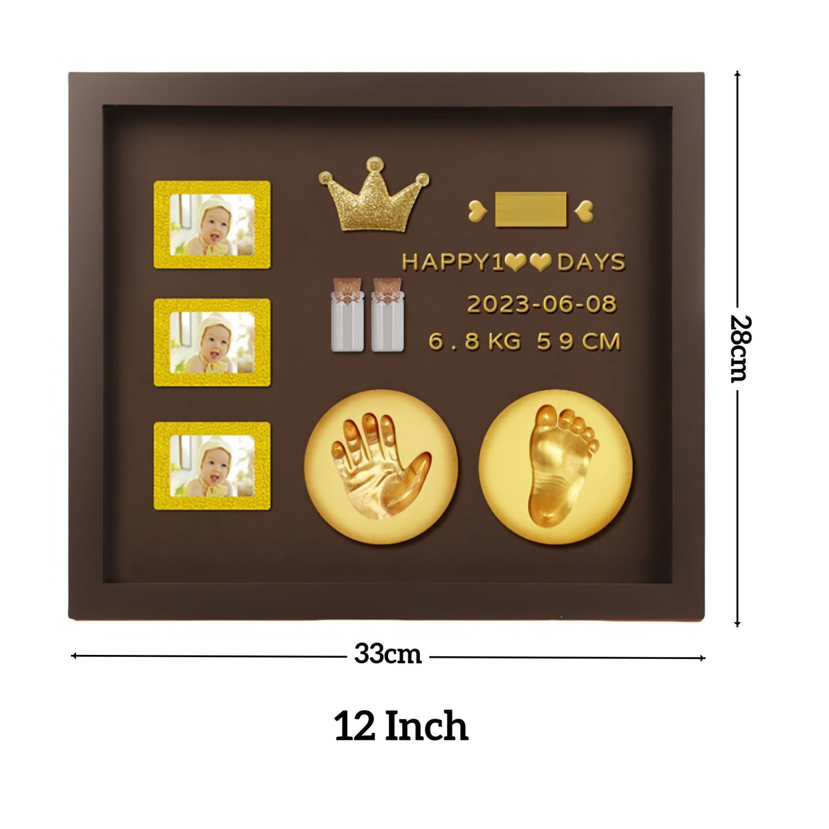Baby Hand and Footprint Kit with 3 Photo Slots, Golden Ink Pad & Number/Letter Stickers, Non-Toxic Newborn Gift Set for Baby Shower, Nursery Decor, Keepsake Memory Frame