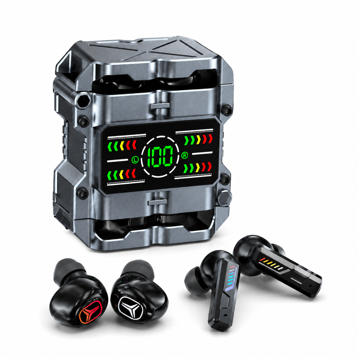 Wireless Earbuds 2 Pairs in 1 Charging Case with LED Display | 40H Total Playtime, Gaming &amp; Music, Mecha Bluetooth Design, Dual Style Earbuds, Couples Earphones