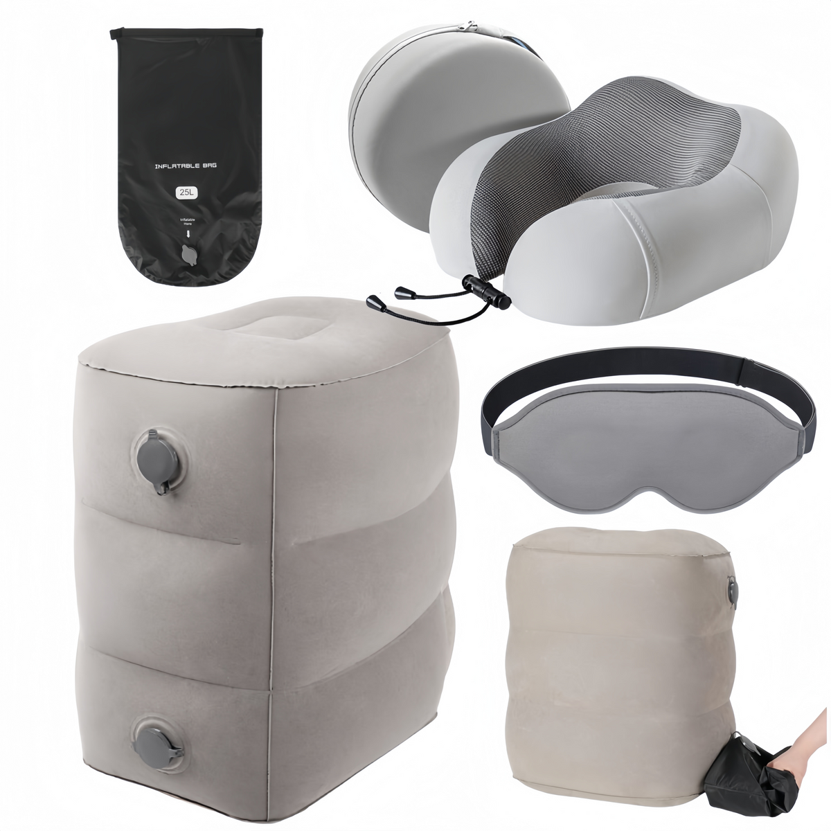 3 Pack Travel Essentials – Travel Pillow, Inflatable Foot Rest &amp; Sleep Mask with Storage Bag, Airplane Travel Accessories Kit for Kids &amp; Adults