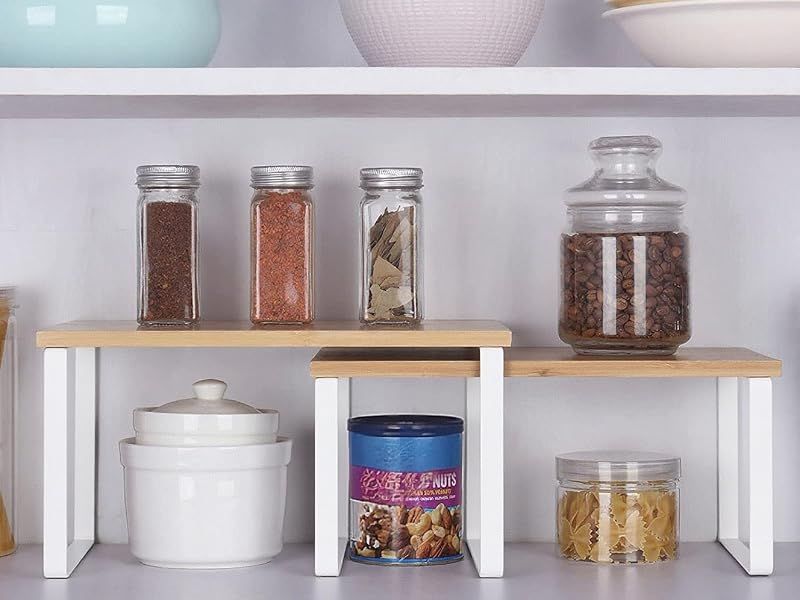 Kitchen Shelf Organizer – 2-Tier Expandable & Stackable Countertop Spice Storage Rack, White Metal Frame Pantry Cabinet Organizer for Dishes, Spices, Mugs, 4 Packs