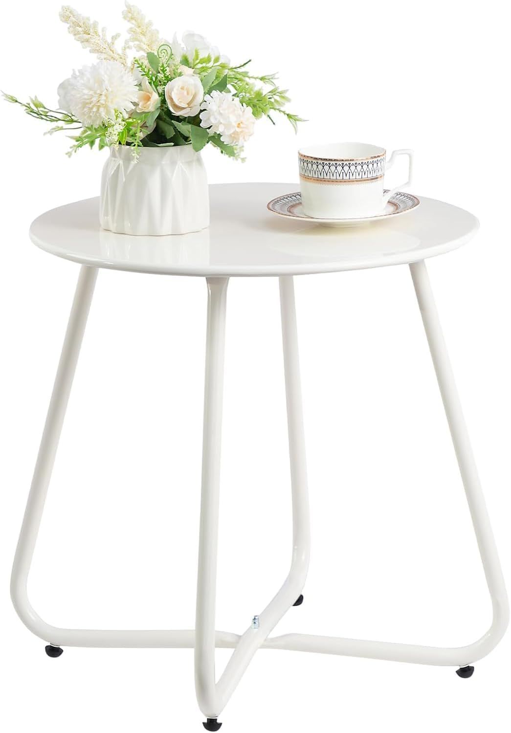 Metal Outdoor Side Table – Round Patio Table, Rust-Resistant Small End Coffee Table for Balcony, Garden, Porch, Living Room &amp; Bedroom – Portable Accent Table for Indoor Outdoor Use, White